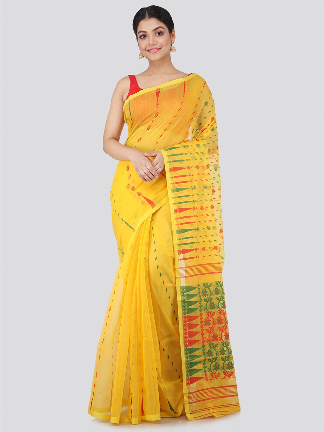 

PinkLoom Yellow & Red Floral Pure Cotton Jamdani Sustainable Saree