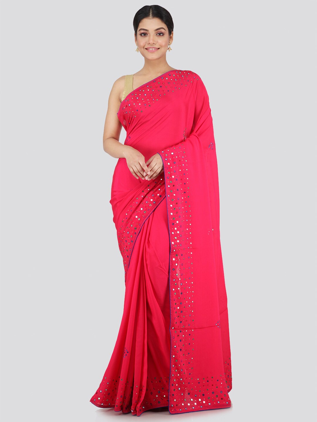 

PinkLoom Pink Mirror Work Pure Chiffon Saree