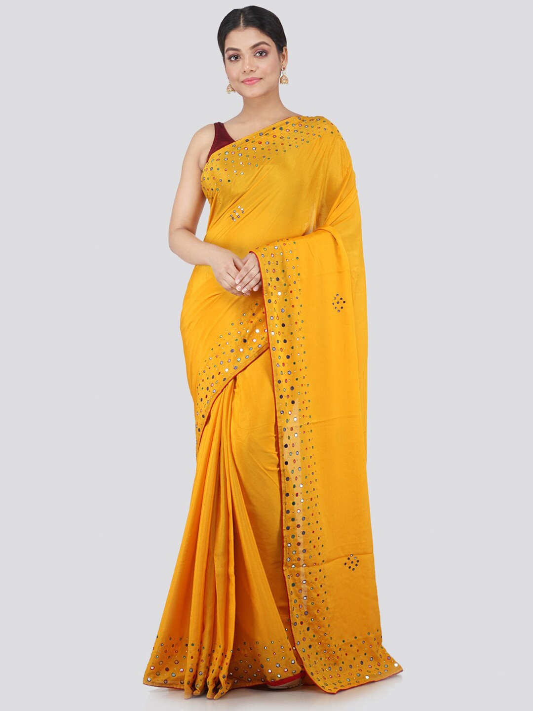 

PinkLoom Yellow Mirror Work Pure Chiffon Saree