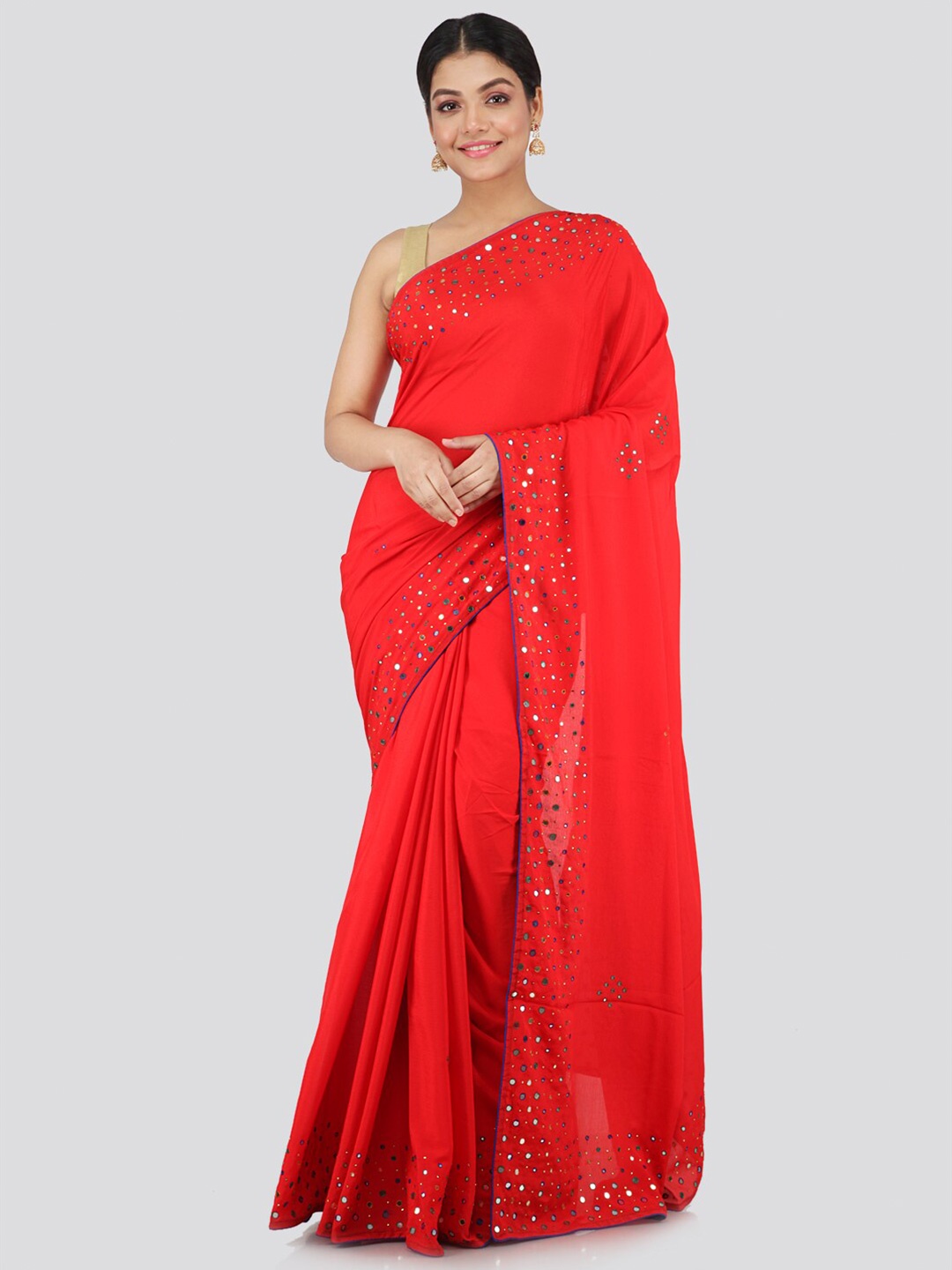 

PinkLoom Red Mirror Work Pure Chiffon Saree