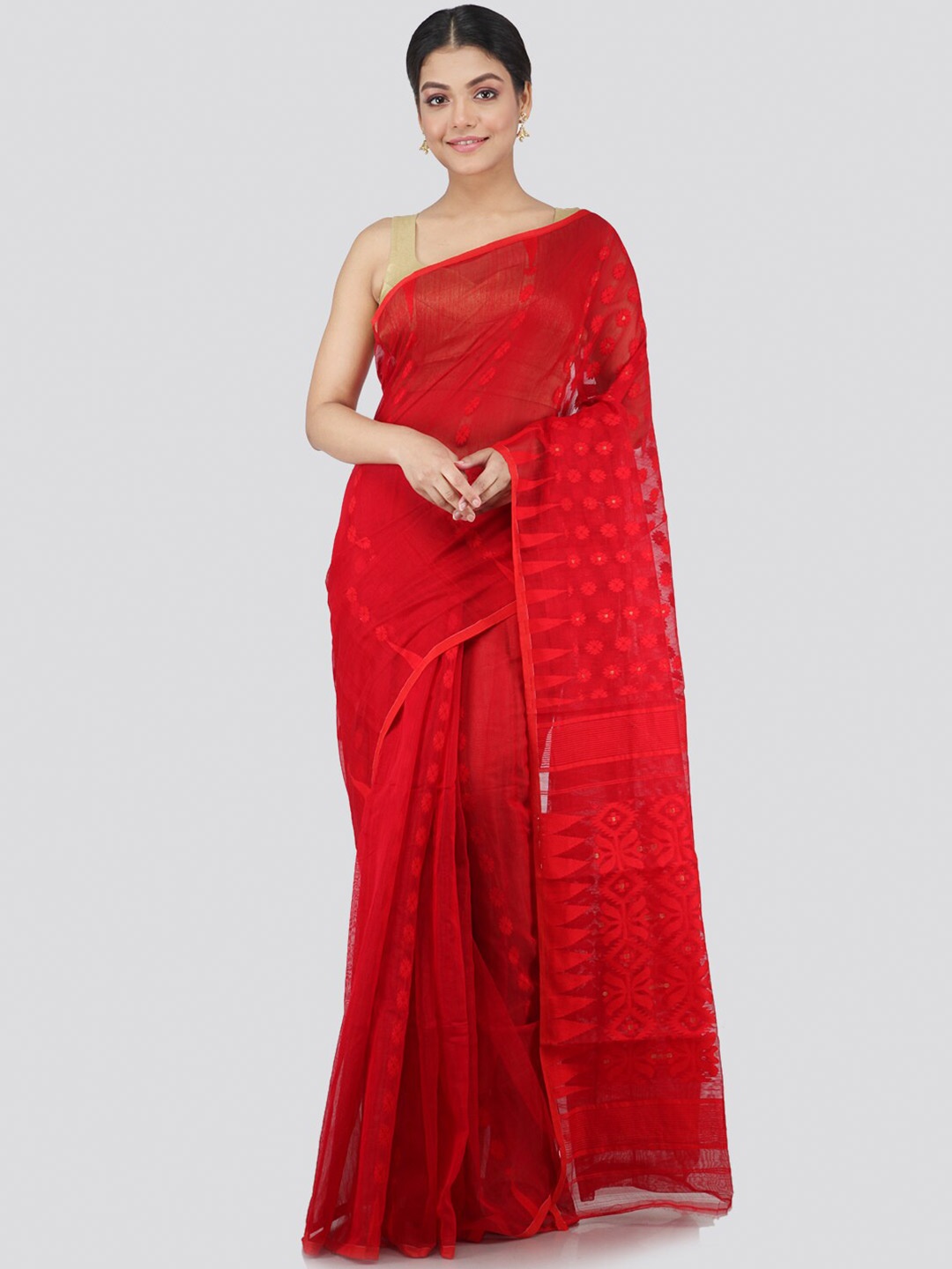 

PinkLoom Red Ethnic Motifs Pure Cotton Jamdani Sustainable Saree