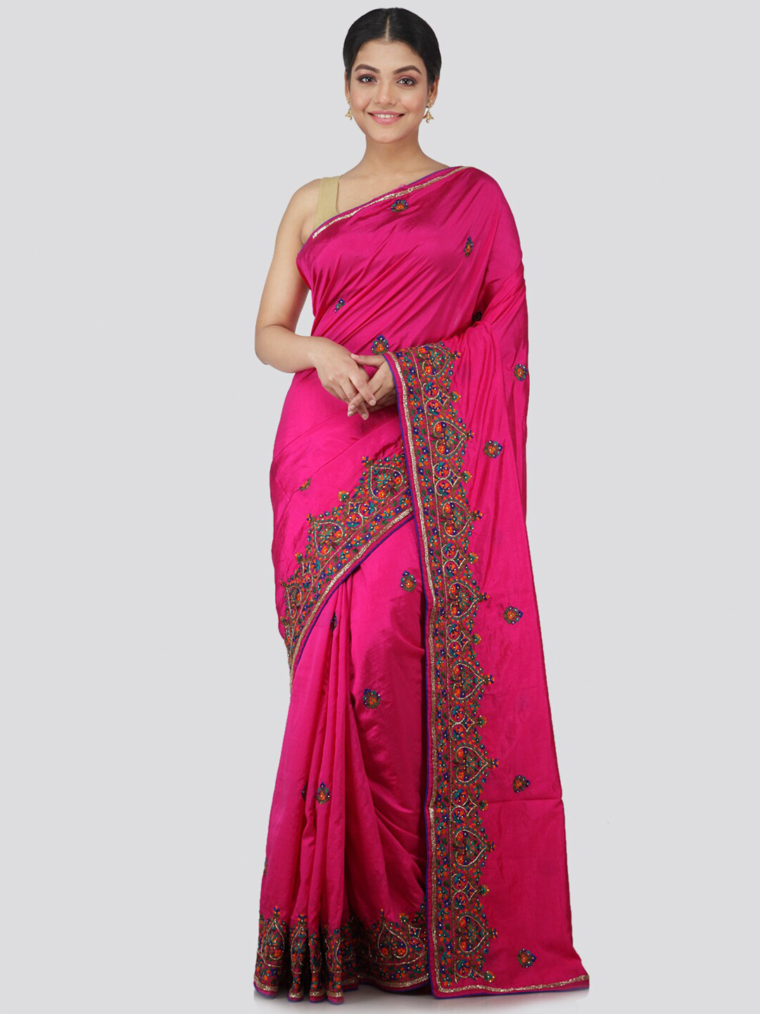 

PinkLoom Pink Ethnic Motifs Embroidered Pure Silk Saree