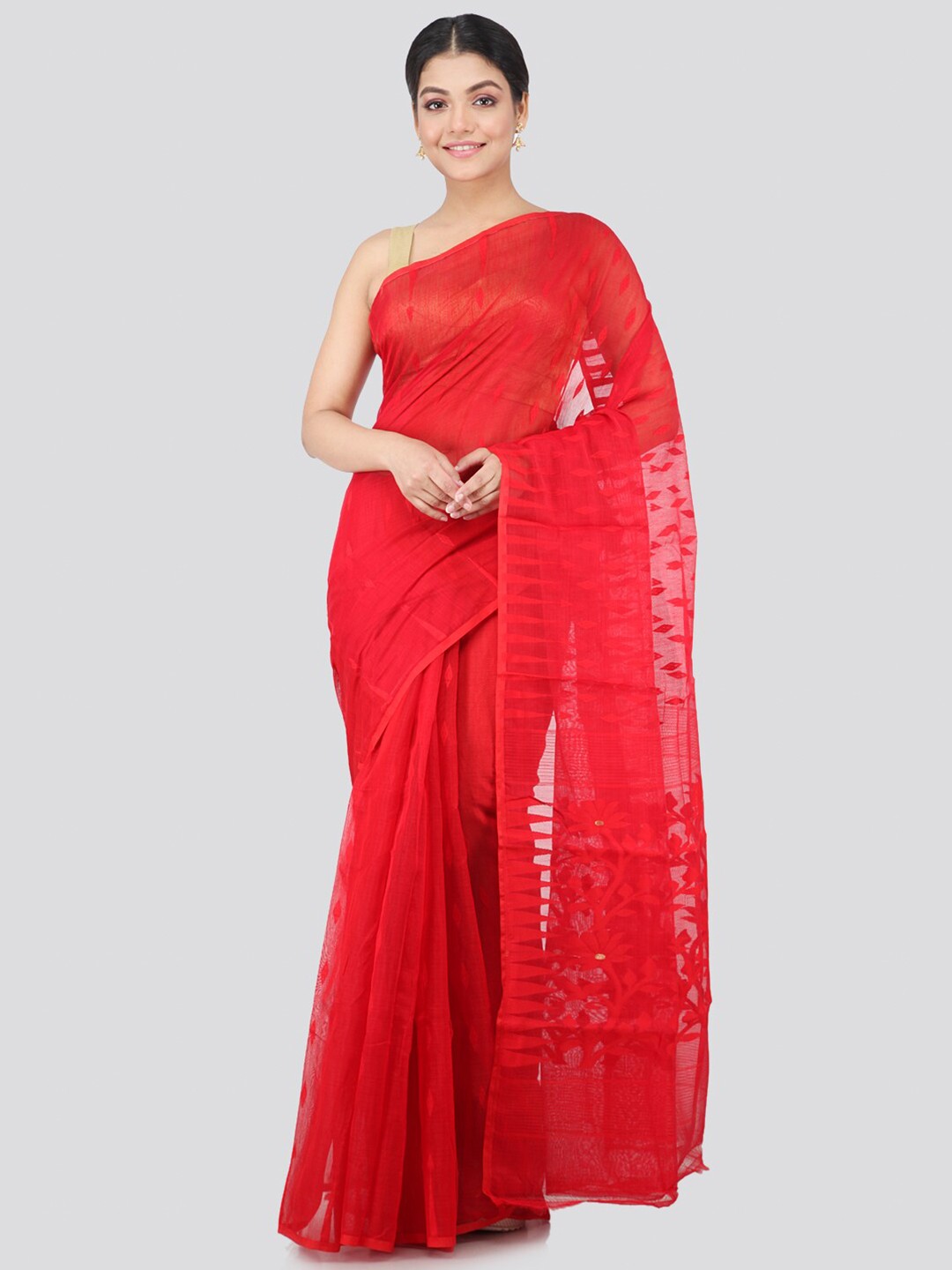

PinkLoom Red Pure Cotton Jamdani Sustainable Saree
