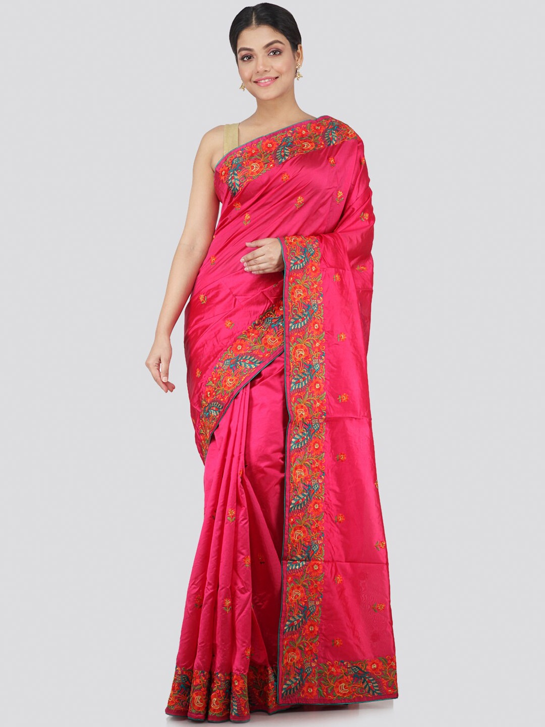 

PinkLoom Pink & Blue Floral Embroidered Pure Silk Saree