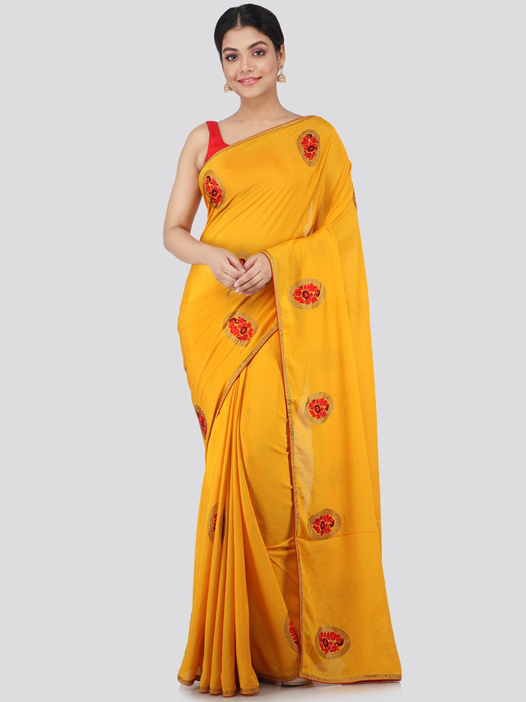 

PinkLoom Yellow & Red Floral Pure Chiffon Saree
