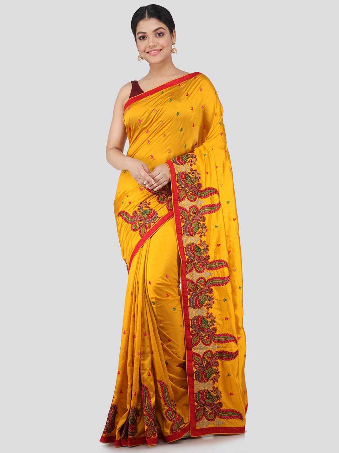 

PinkLoom Yellow & Red Ethnic Motifs Pure Silk Saree