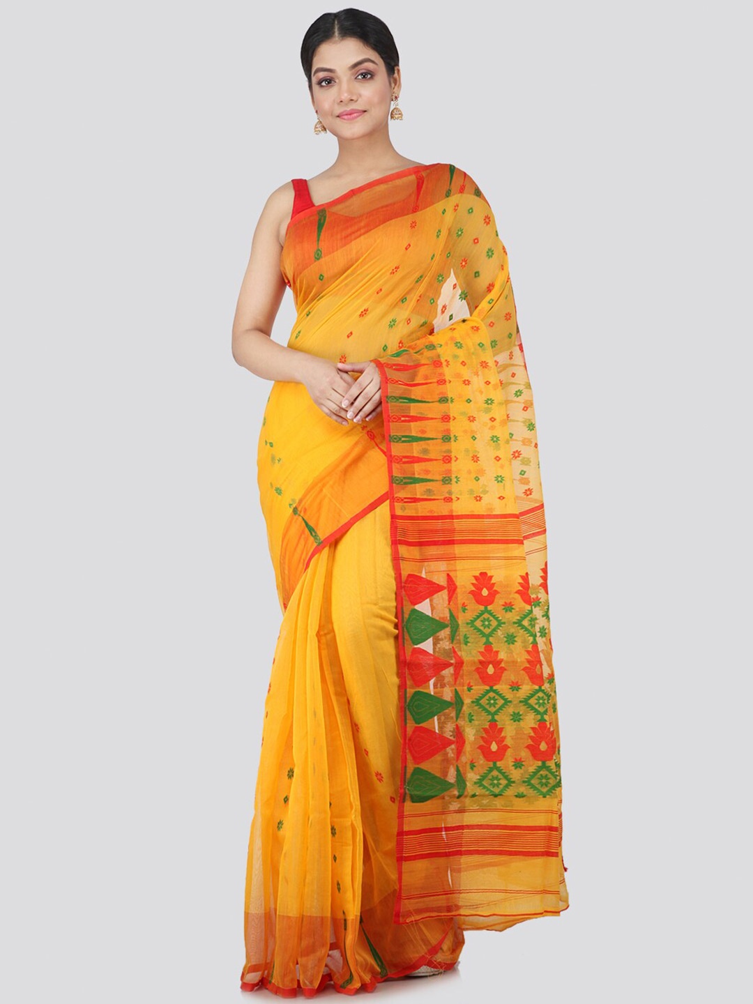 

PinkLoom Yellow & Red Floral Pure Cotton Jamdani Sustainable Saree