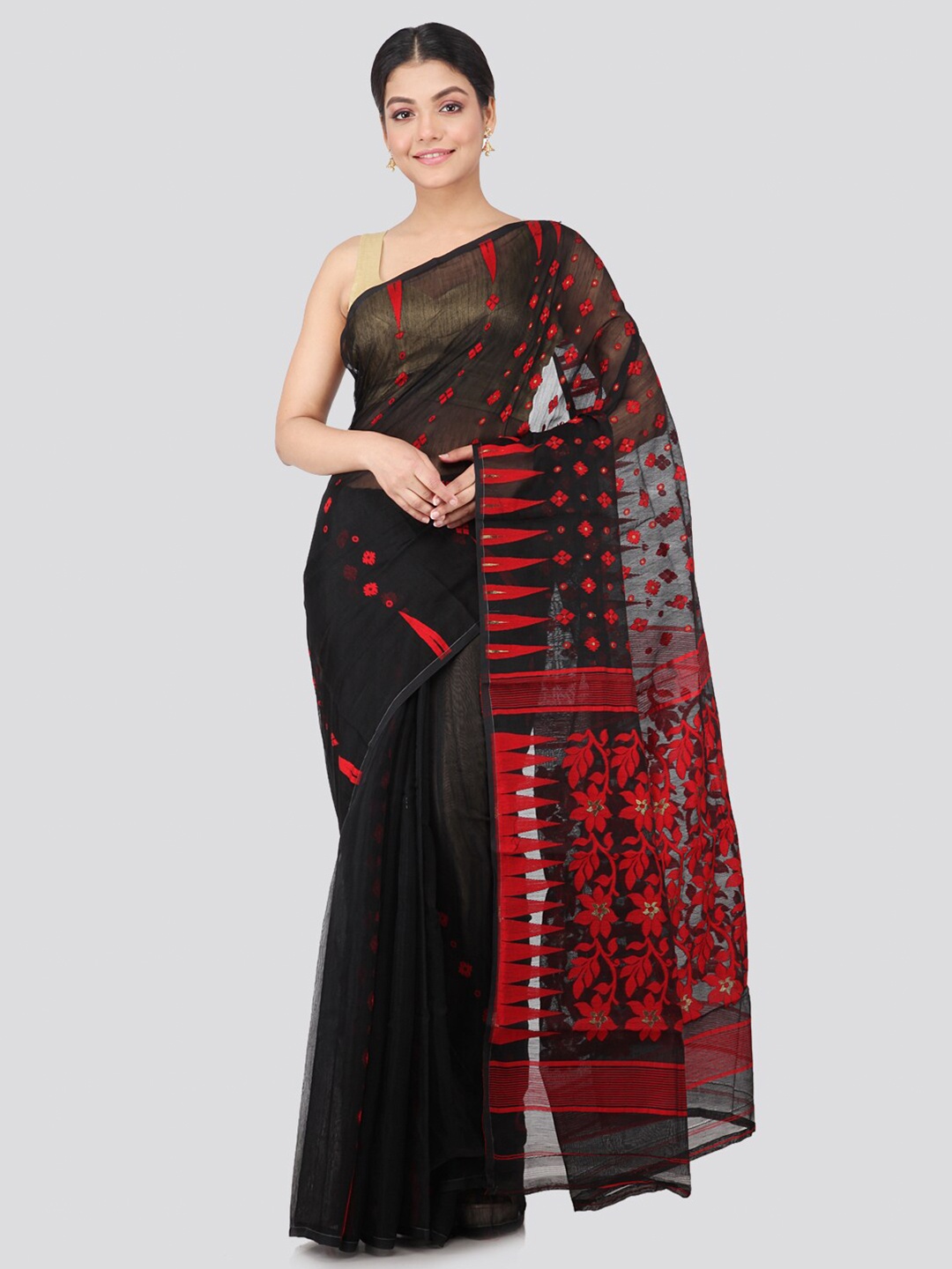 

PinkLoom Black & Red Floral Pure Cotton Jamdani Sustainable Saree