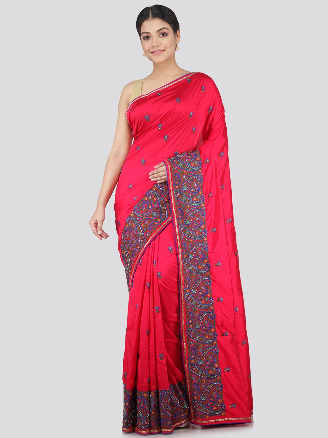 

PinkLoom Pink & Blue Floral Pure Silk Saree