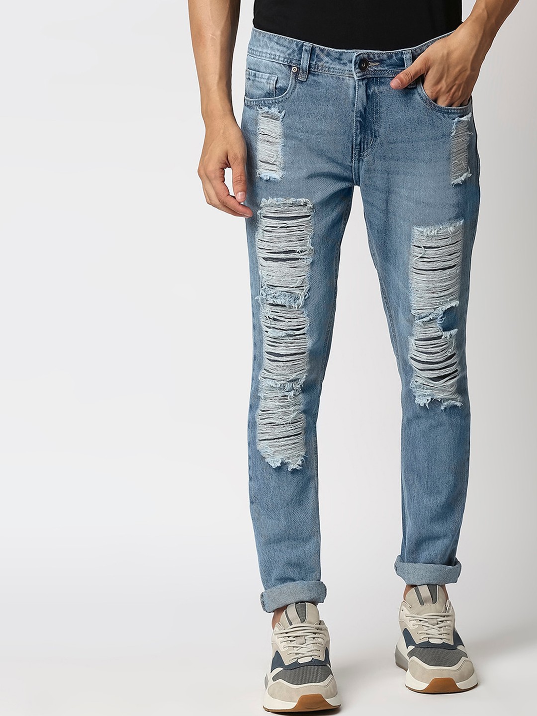 

High Star Men Blue Straight Fit Highly Distressed Heavy Fade Jeans