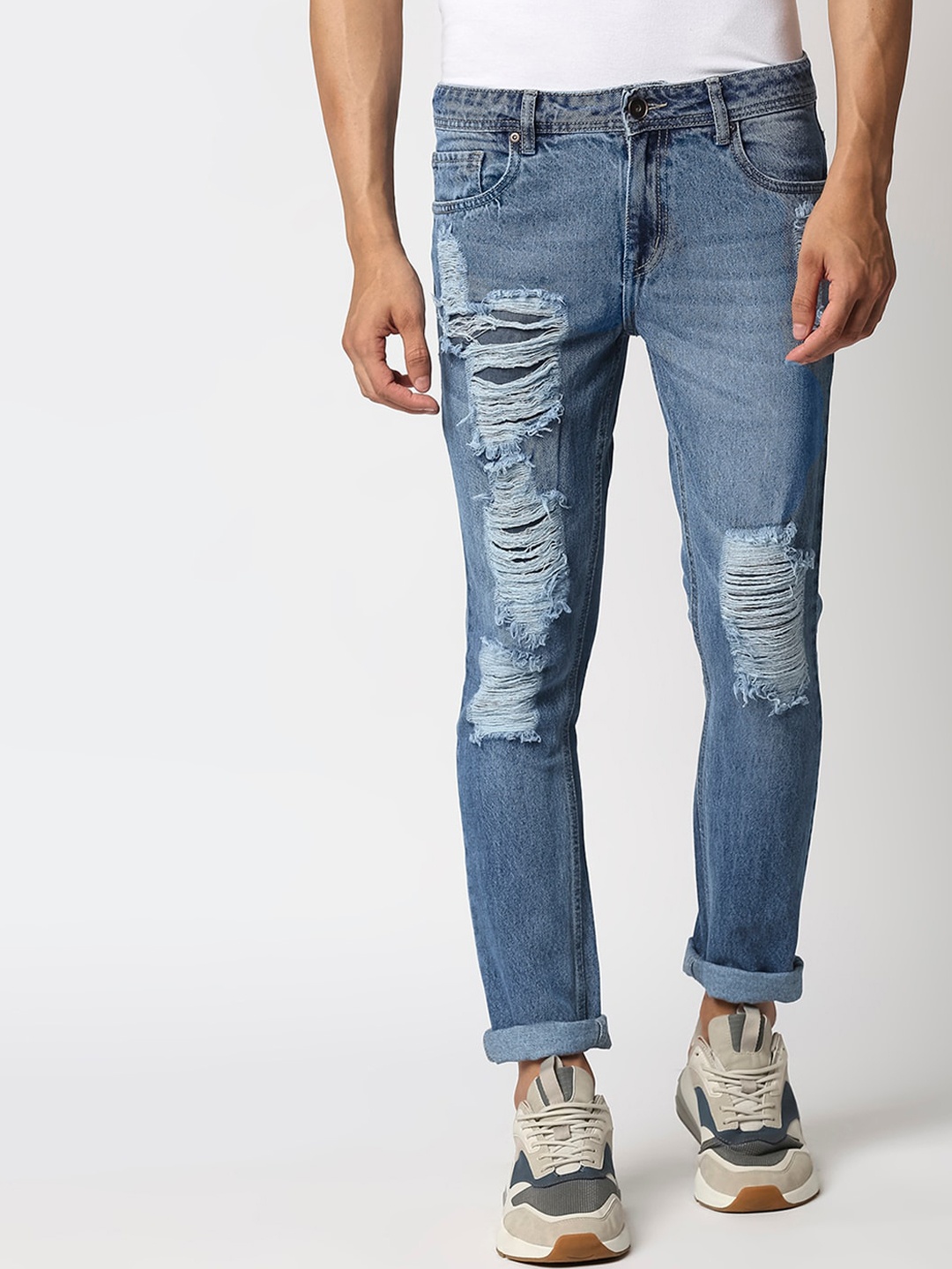 

High Star Men Blue Straight Fit Highly Distressed Heavy Fade Jeans