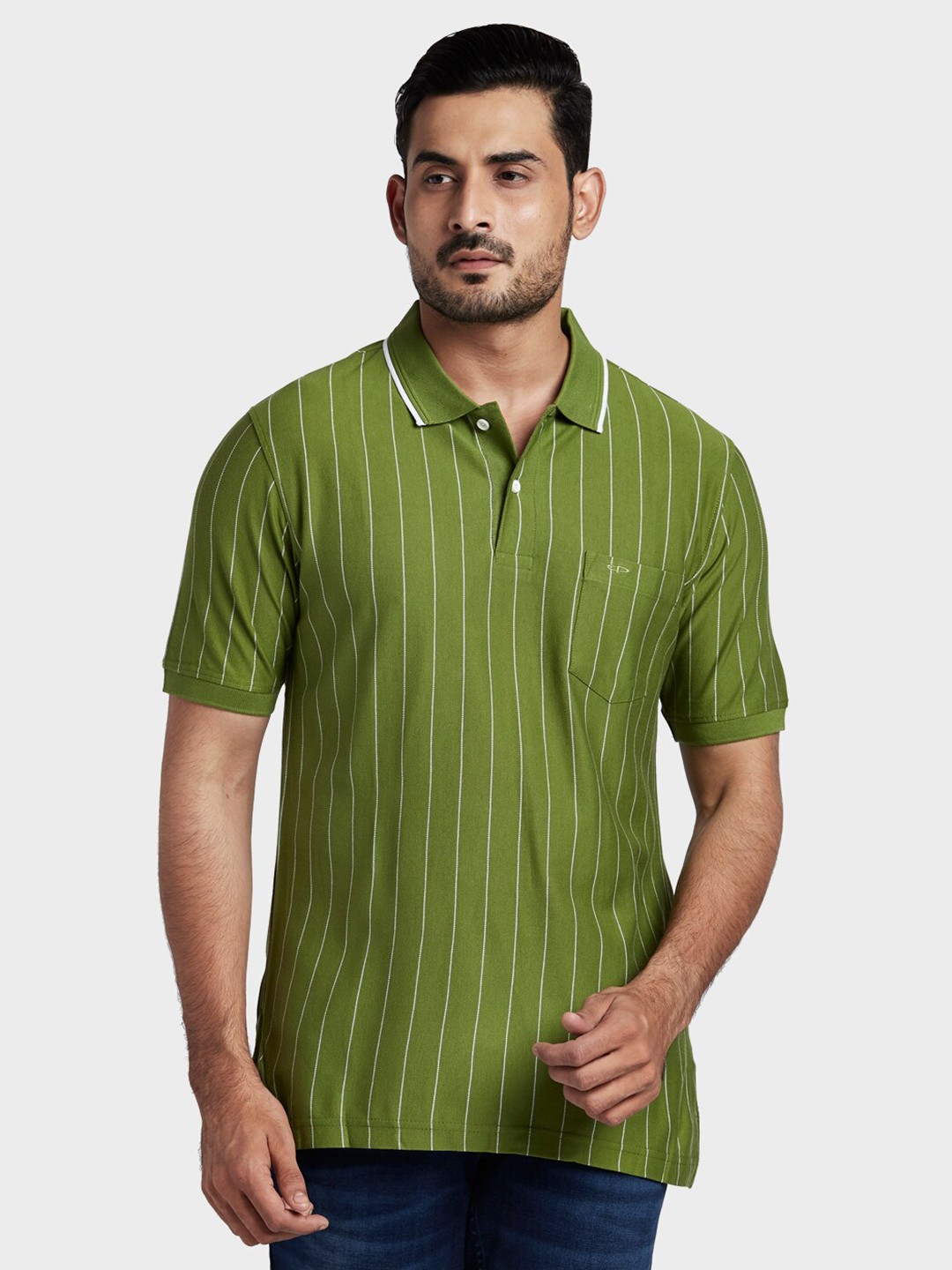 

ColorPlus Men Green Striped Polo Collar Pockets T-shirt