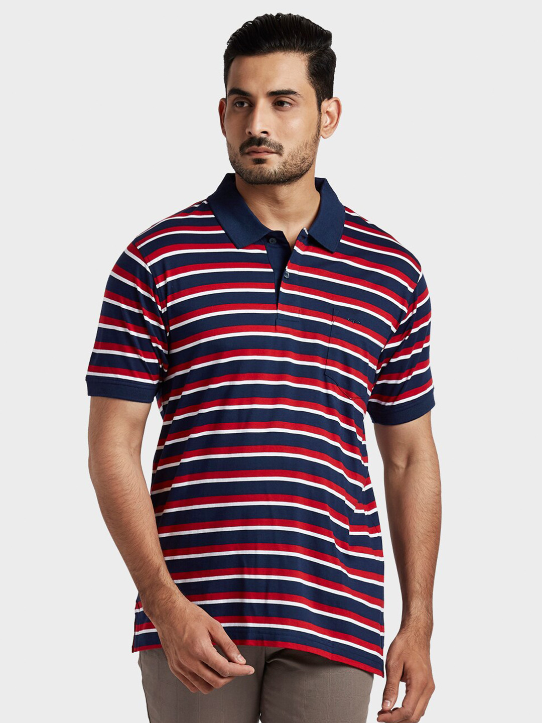

ColorPlus Men Red & Navy Blue Striped Polo Collar Pockets T-shirt