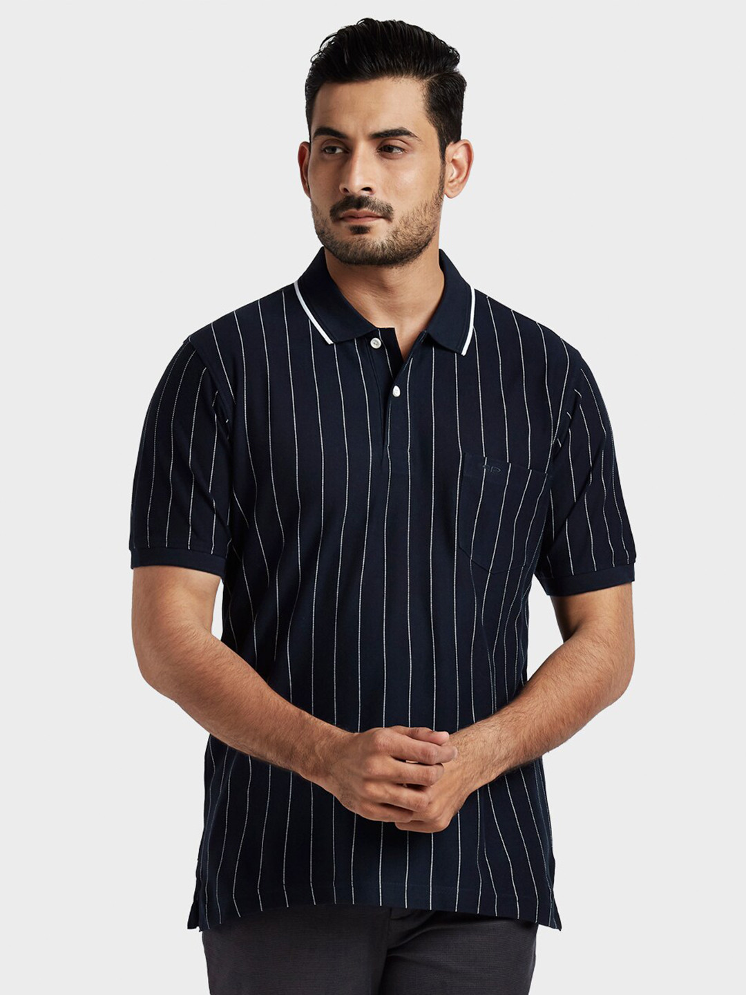 

ColorPlus Men Blue & White Striped Polo Collar Pockets T-shirt