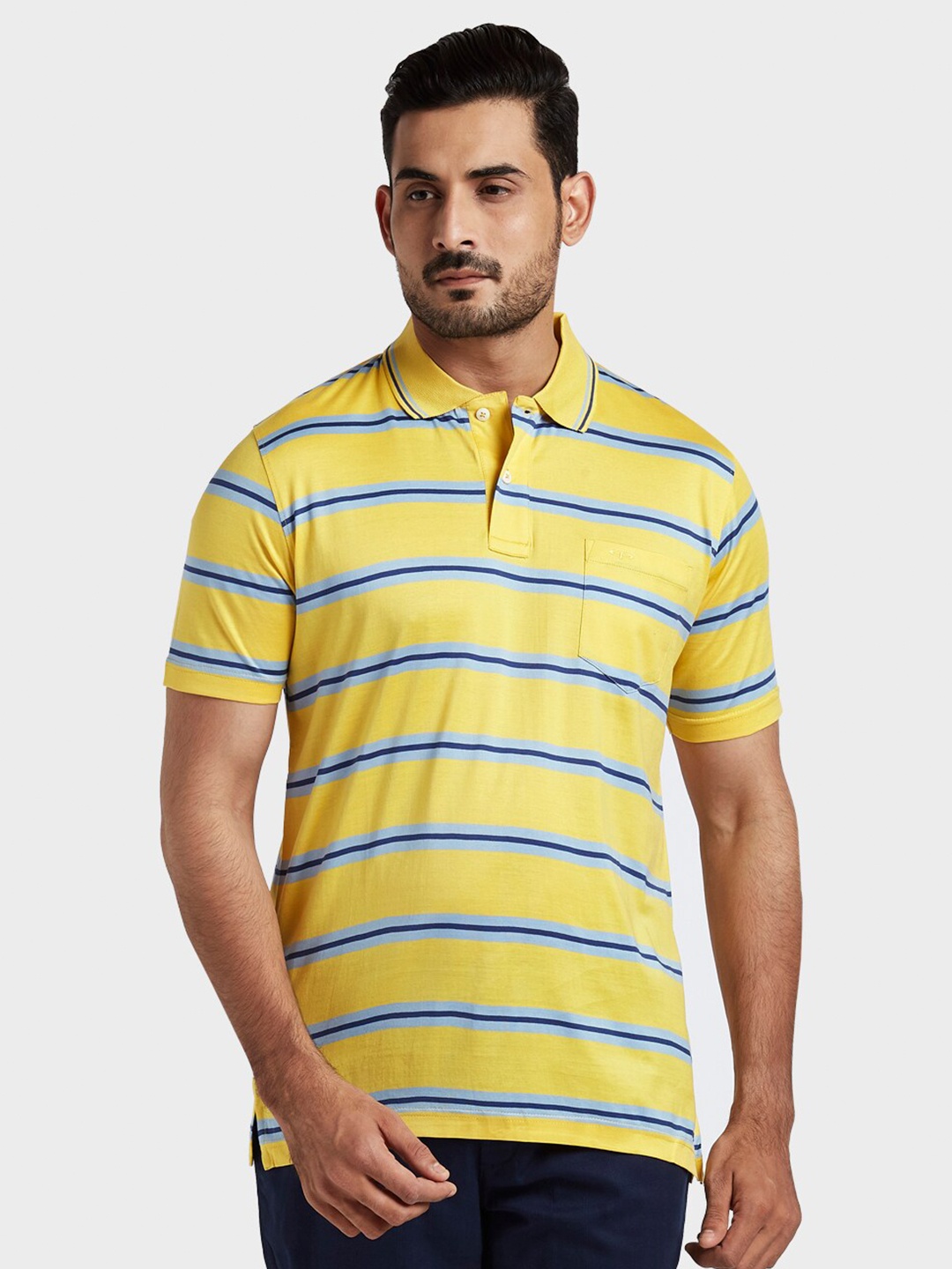 

ColorPlus Men Yellow & Blue Striped Polo Collar Pockets Cotton T-shirt