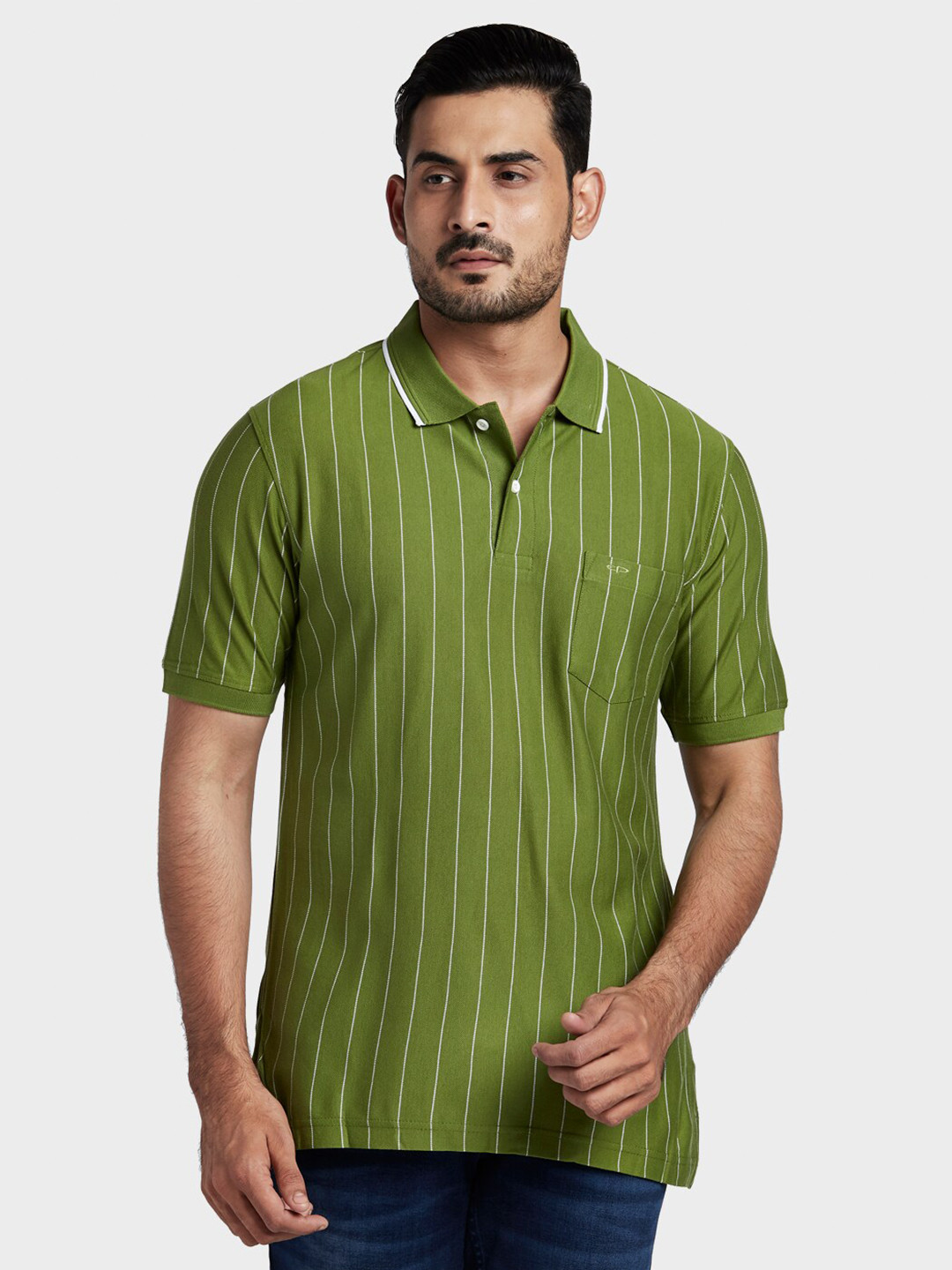 

ColorPlus Men Green Striped Polo Collar T-shirt