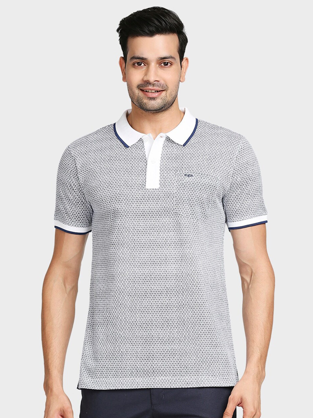

ColorPlus Men White & Black Printed Polo Collar Pockets Cotton T-shirt