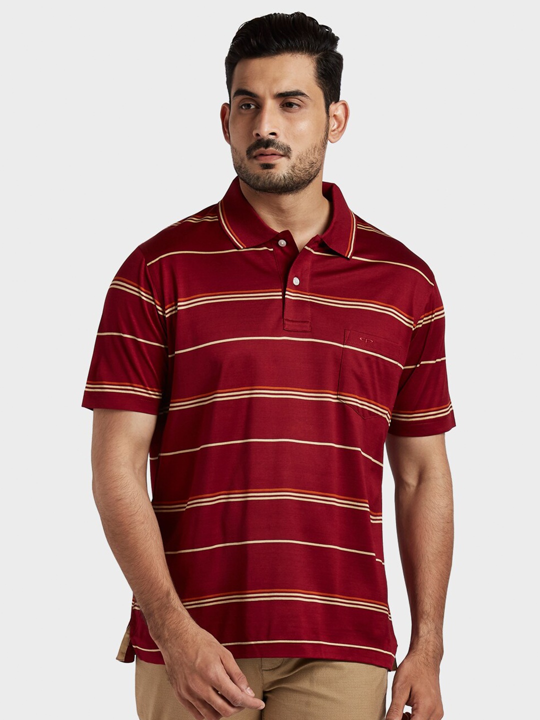 

ColorPlus Men Maroon Striped Polo Collar Pockets T-shirt