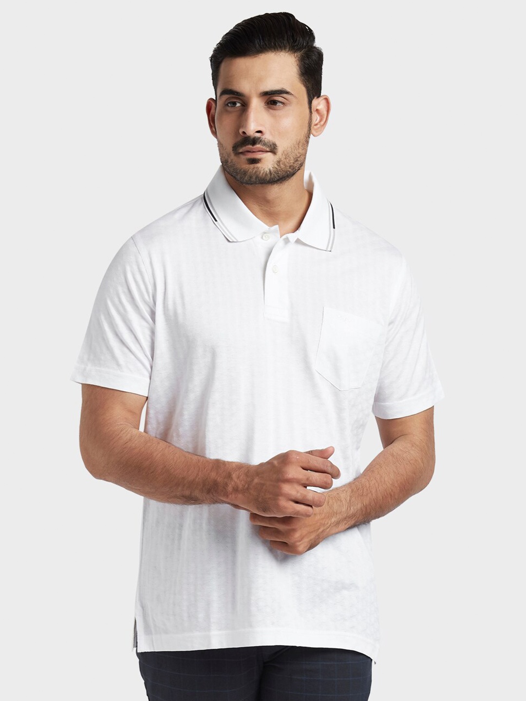 

ColorPlus Men White Polo Collar Pockets Cotton T-shirt