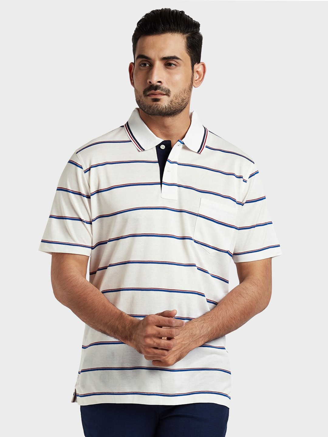 

ColorPlus Men White & Blue Striped Polo Collar Pockets Cotton T-shirt
