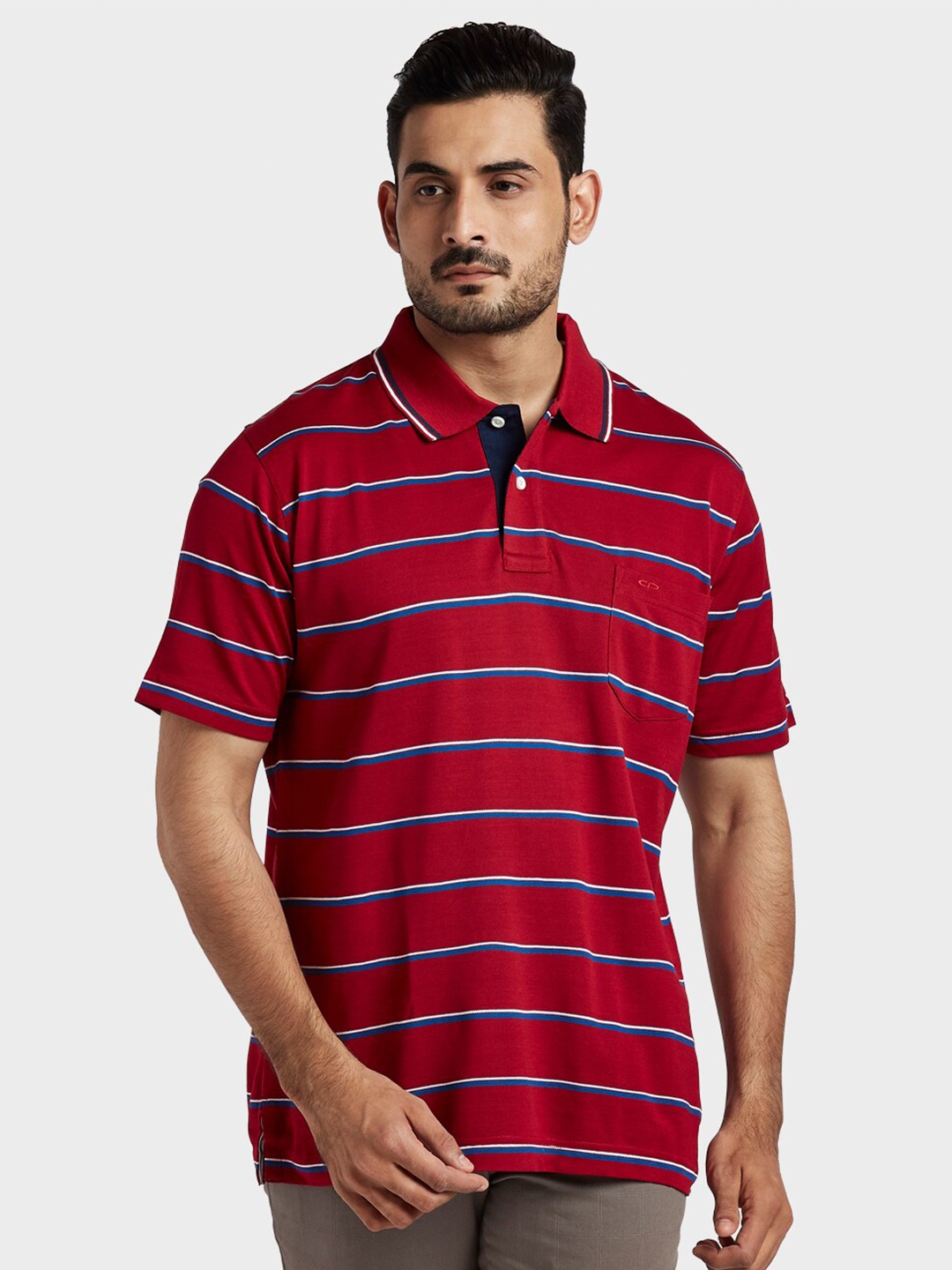 

ColorPlus Men Red Striped Polo Collar Pockets T-shirt