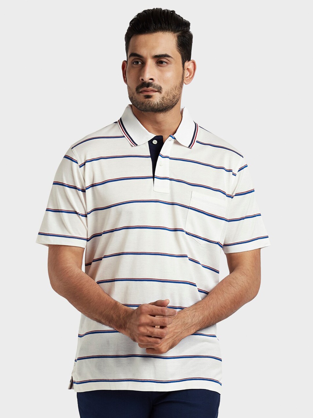 

ColorPlus Men Off White & Blue Striped Polo Collar T-shirt