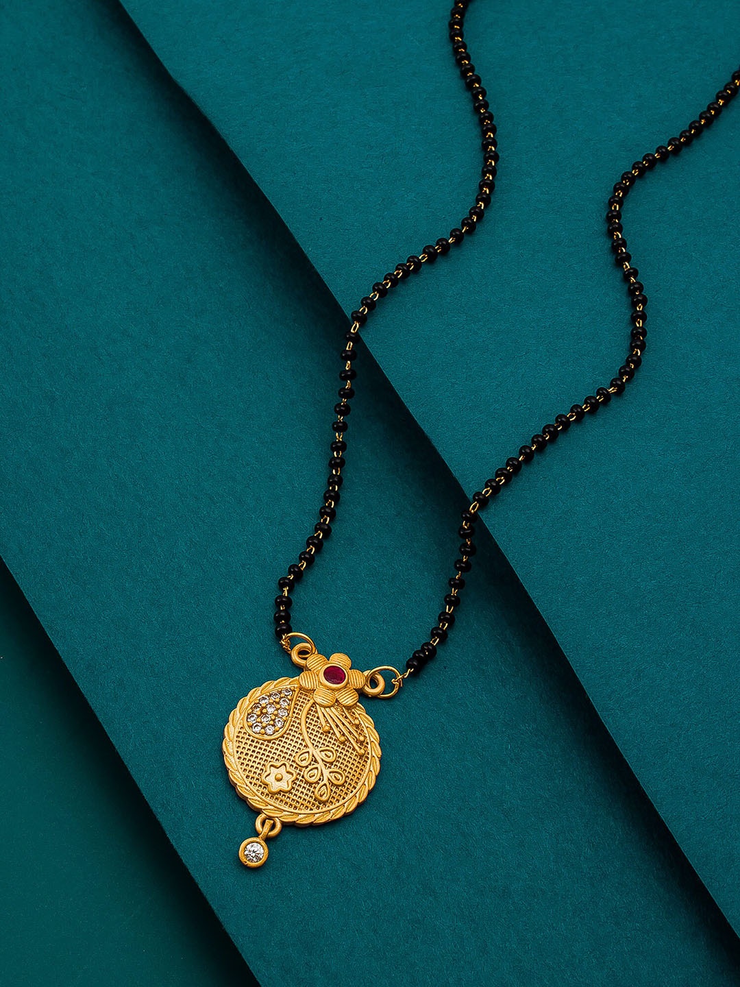 

aadita Gold-Plated Black Beaded Mangalsutra