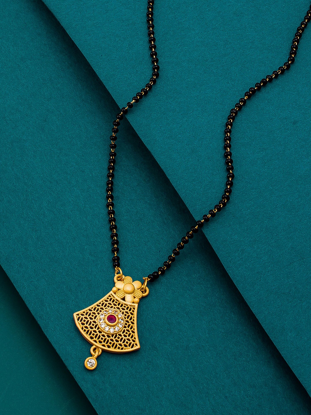 

aadita Gold-Plated Black Beaded Mangalsutra