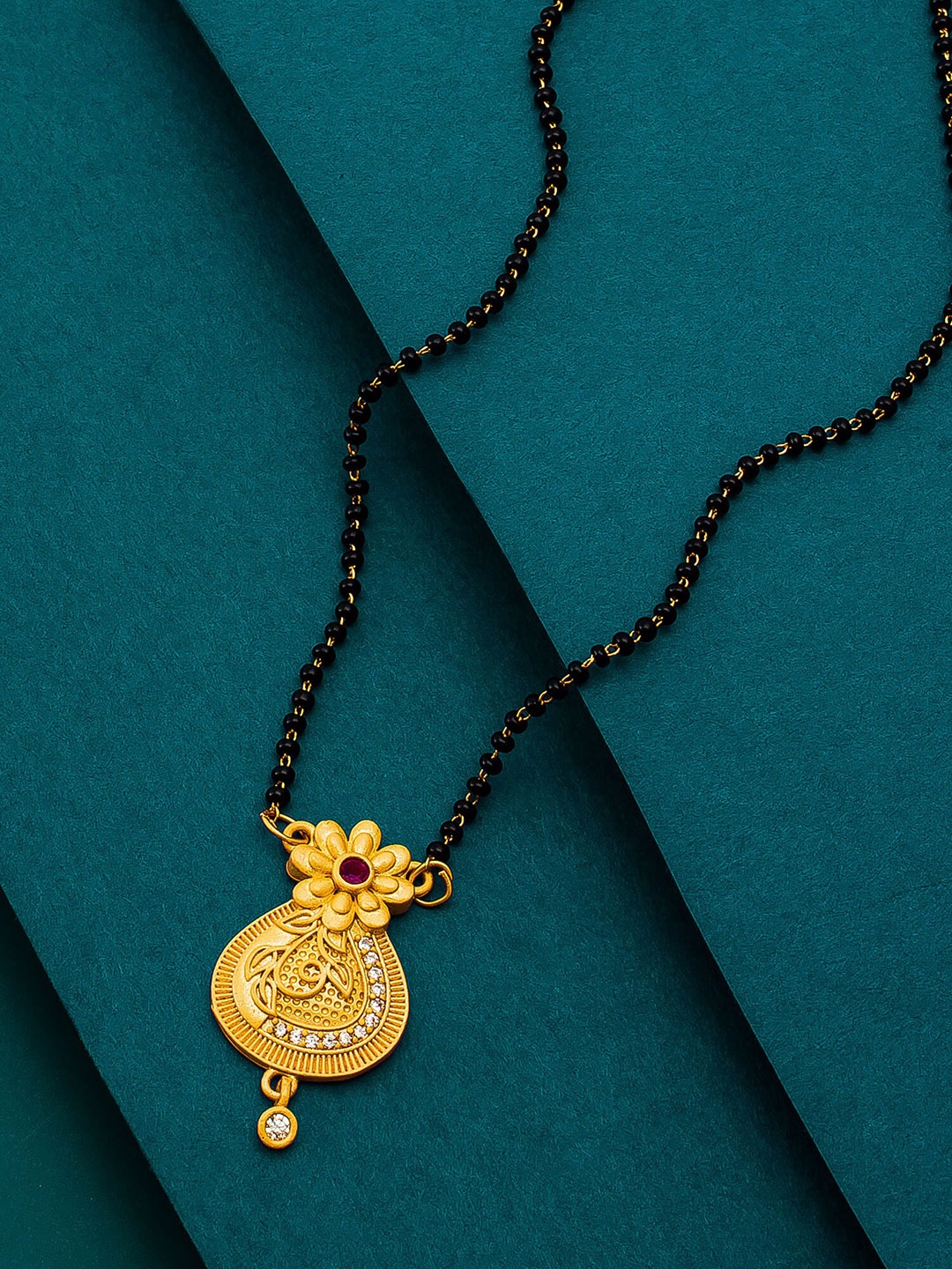 

aadita Gold-Plated Black Beaded Mangalsutra