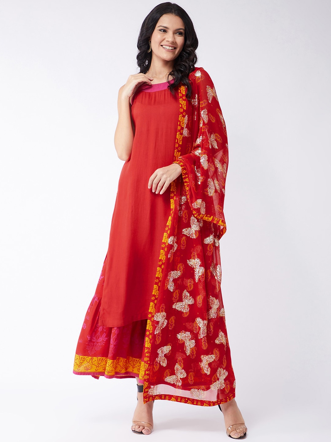 

Pannkh Women Red Kurta with Sharara & With Dupatta