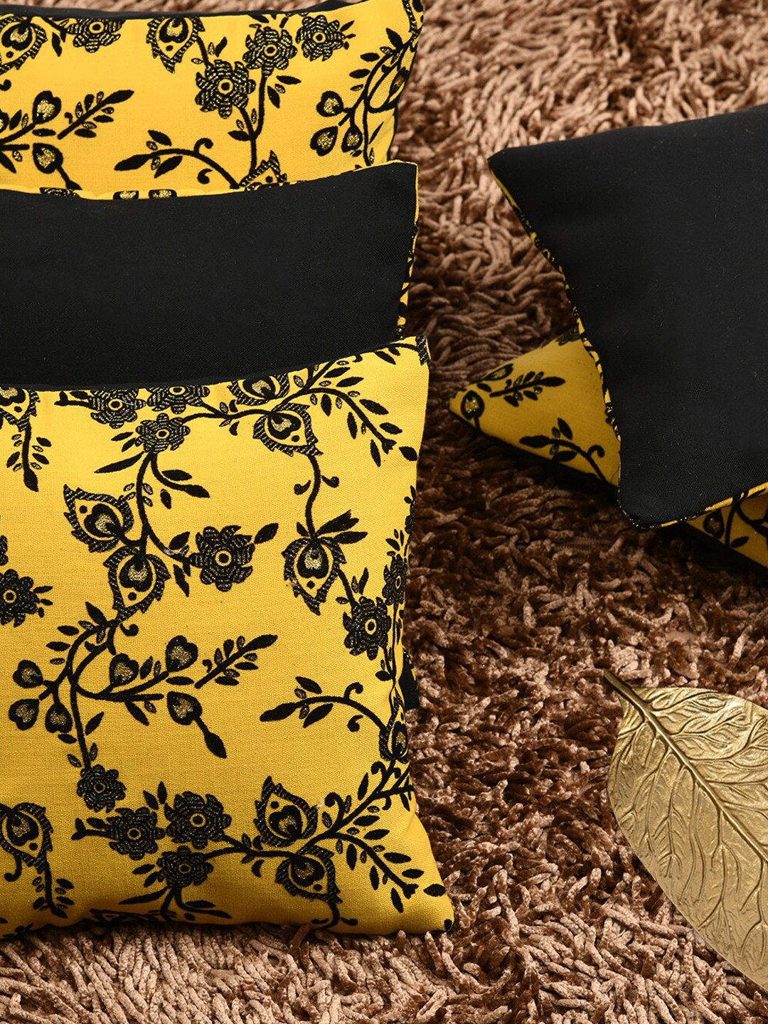

HOUZZCODE Yellow & Black Set of 5 Floral Embellished Square Cushion Covers