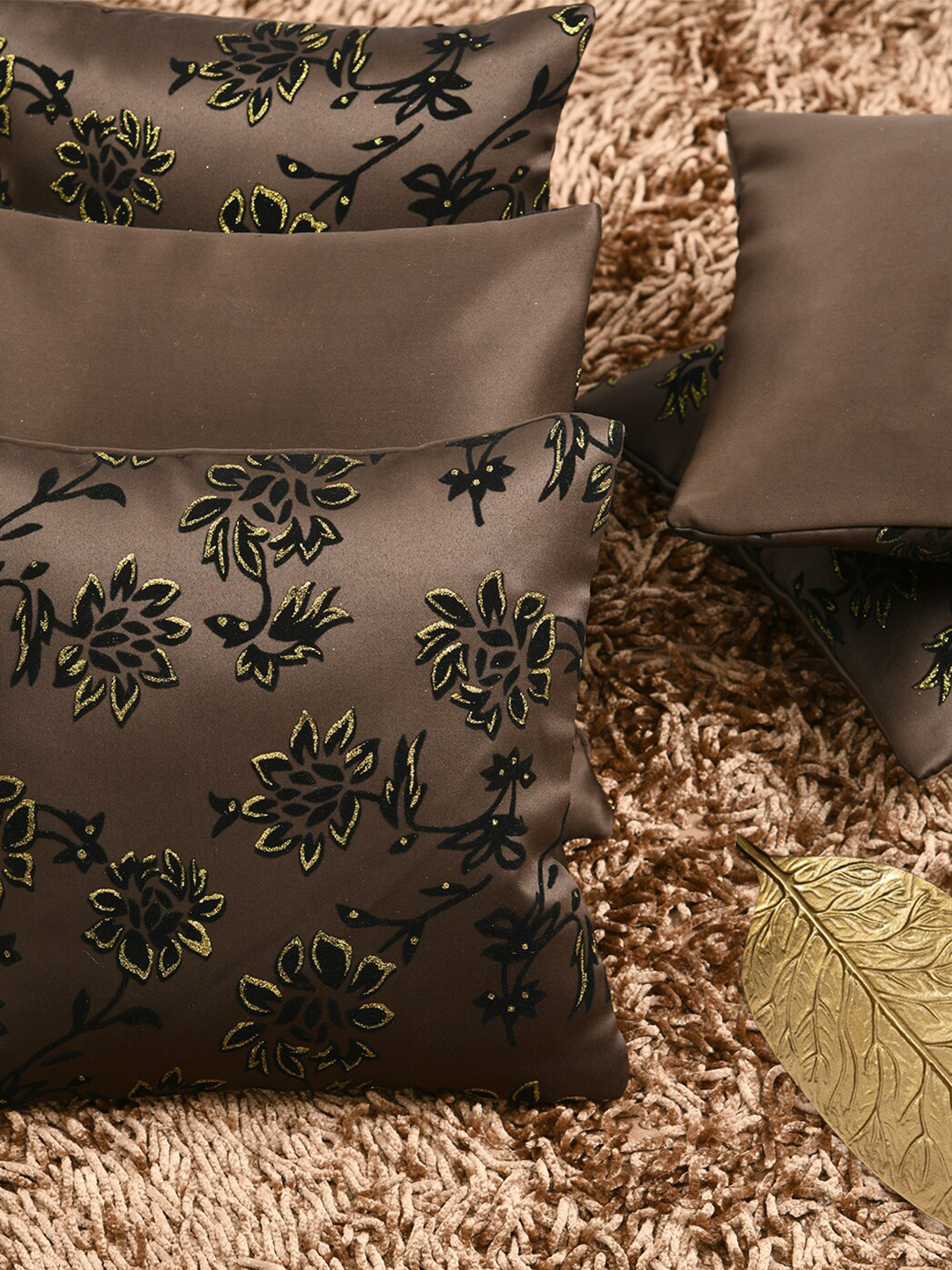 

HOUZZCODE Brown & Black Set of 5 Floral Embellished Square Cushion Covers