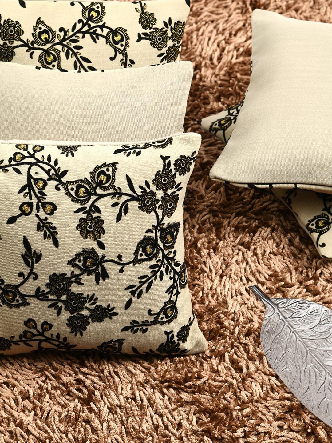 

HOUZZCODE Beige & Black Set of 5 Floral Embellished Square Cushion Covers