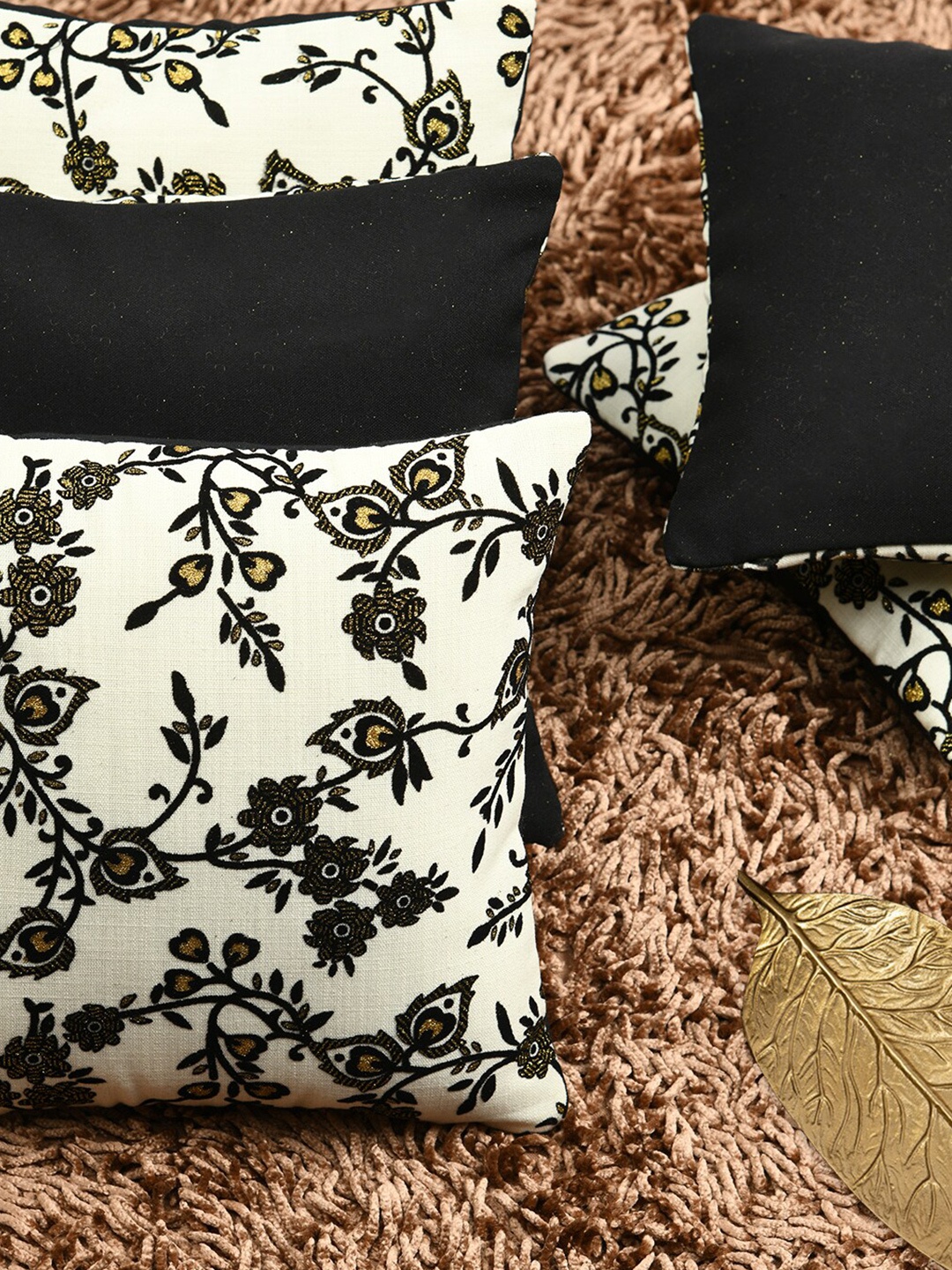 

HOUZZCODE White & Black Set of 5 Floral Embellished Square Cushion Covers