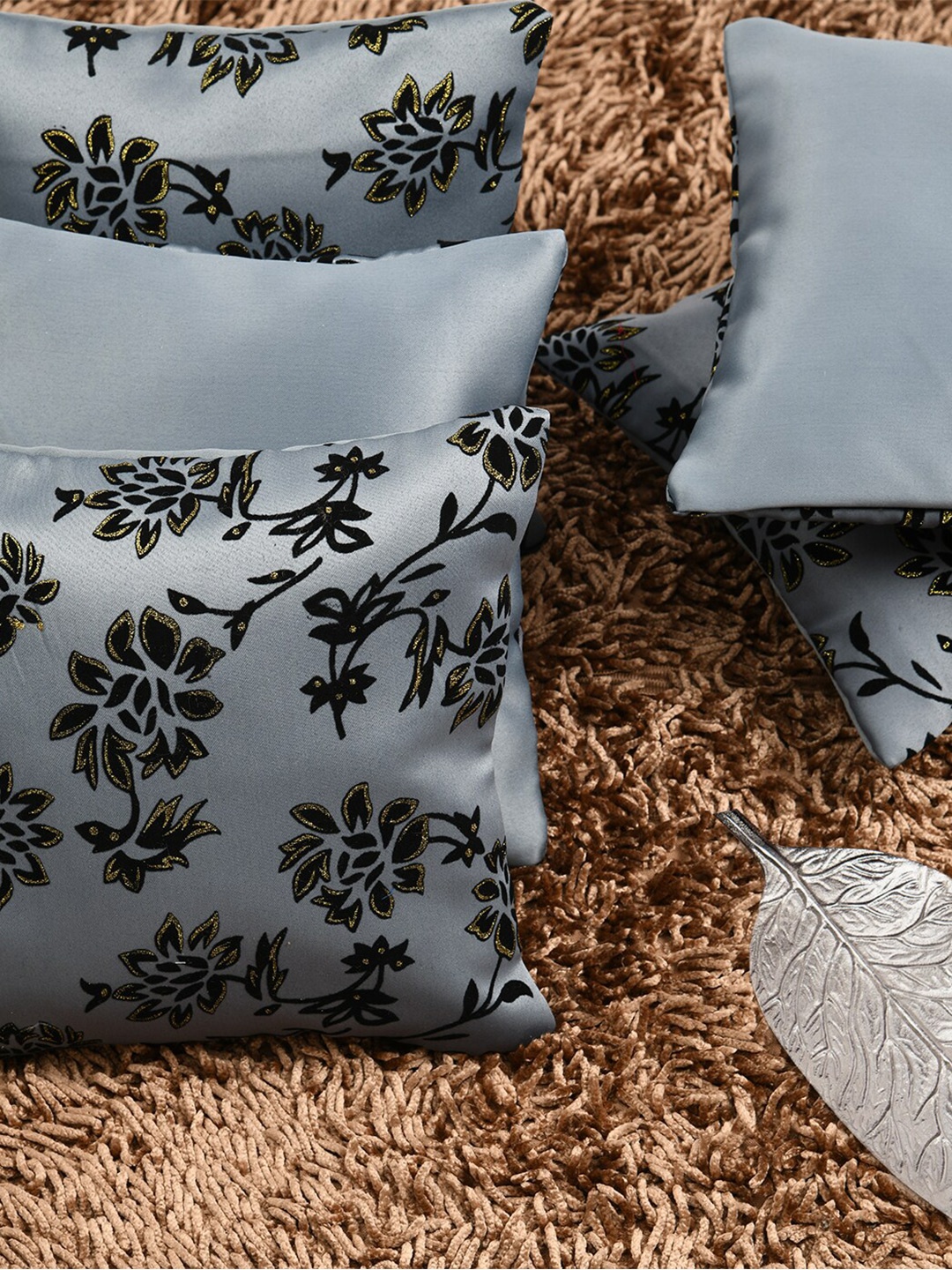 

HOUZZCODE Grey & Black Set of 5 Floral Embellished Square Cushion Covers