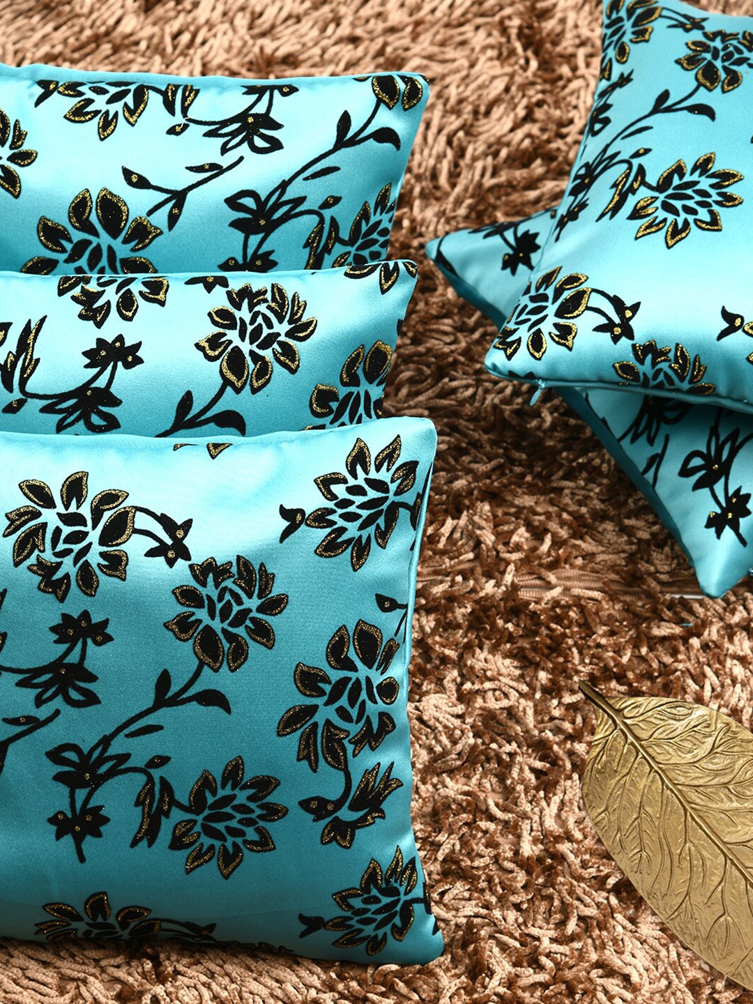 

HOUZZCODE Blue & Black Set of 5 Floral Embellished Square Cushion Covers