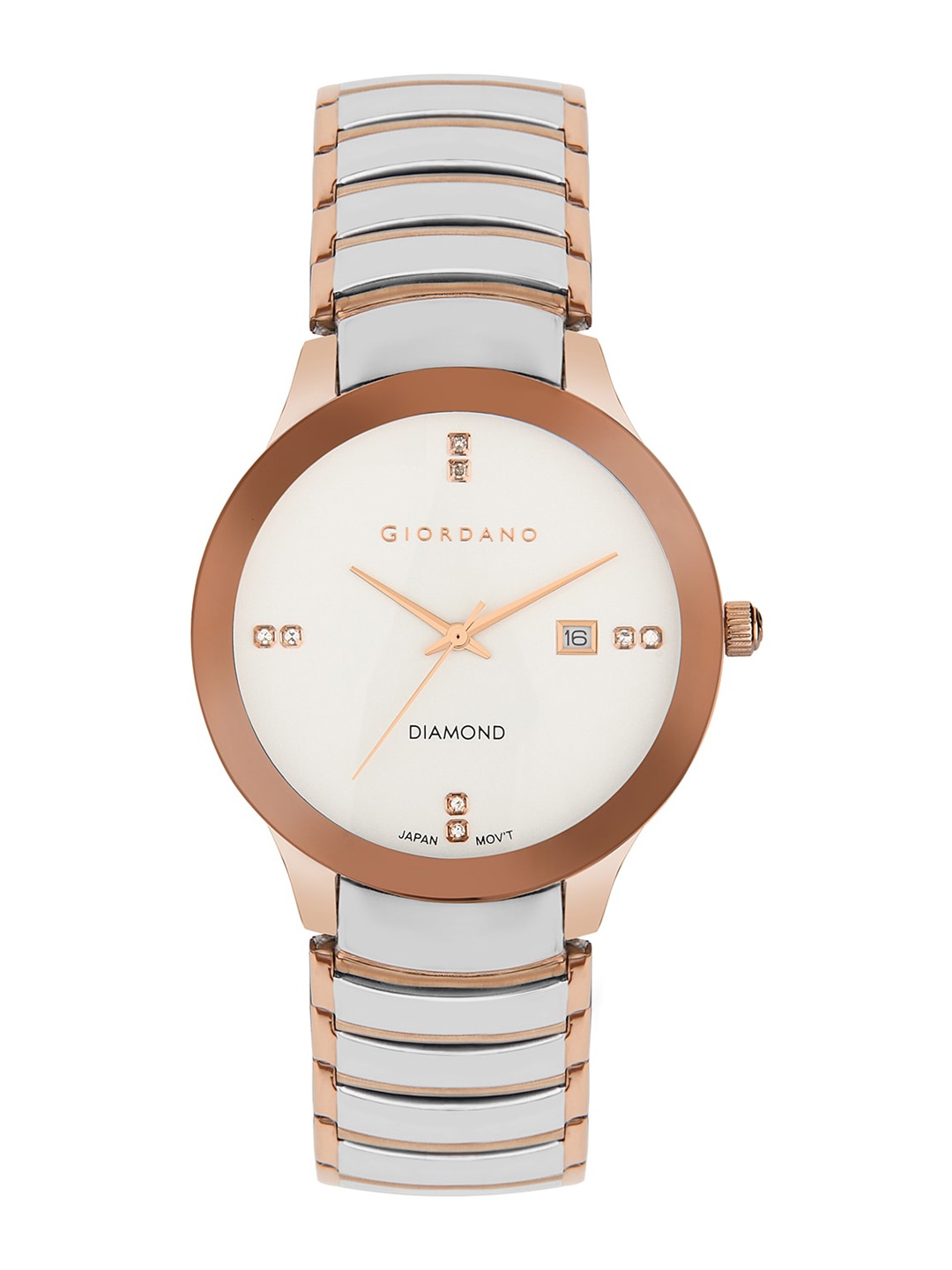 

GIORDANO Men White Embellished Dial & Rose Gold Toned Stainless Steel Bracelet Style Straps Analogue Watch