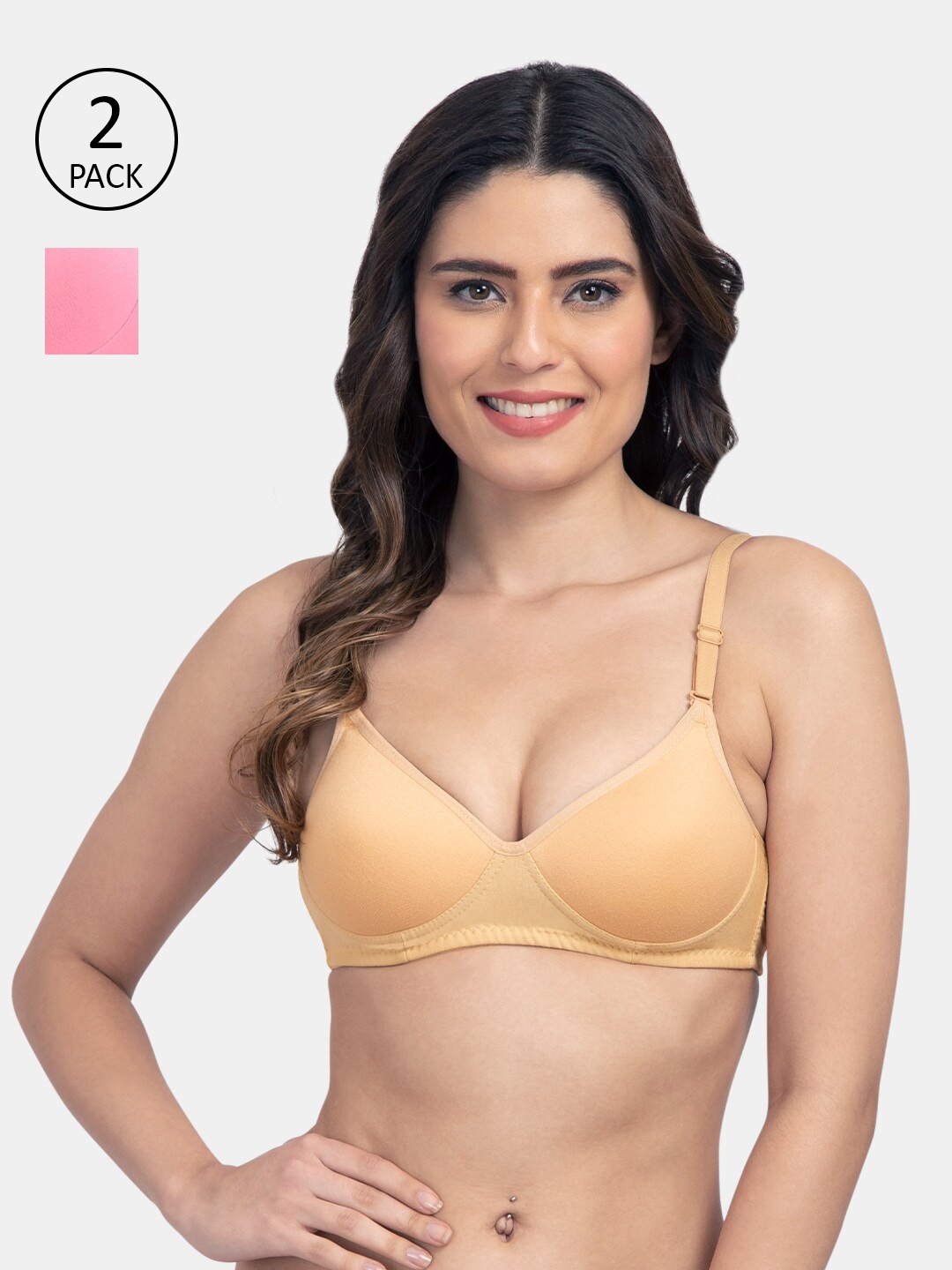 

KOMLI Pack Of 2 Beige & Pink T-shirt Bra Medium Padded
