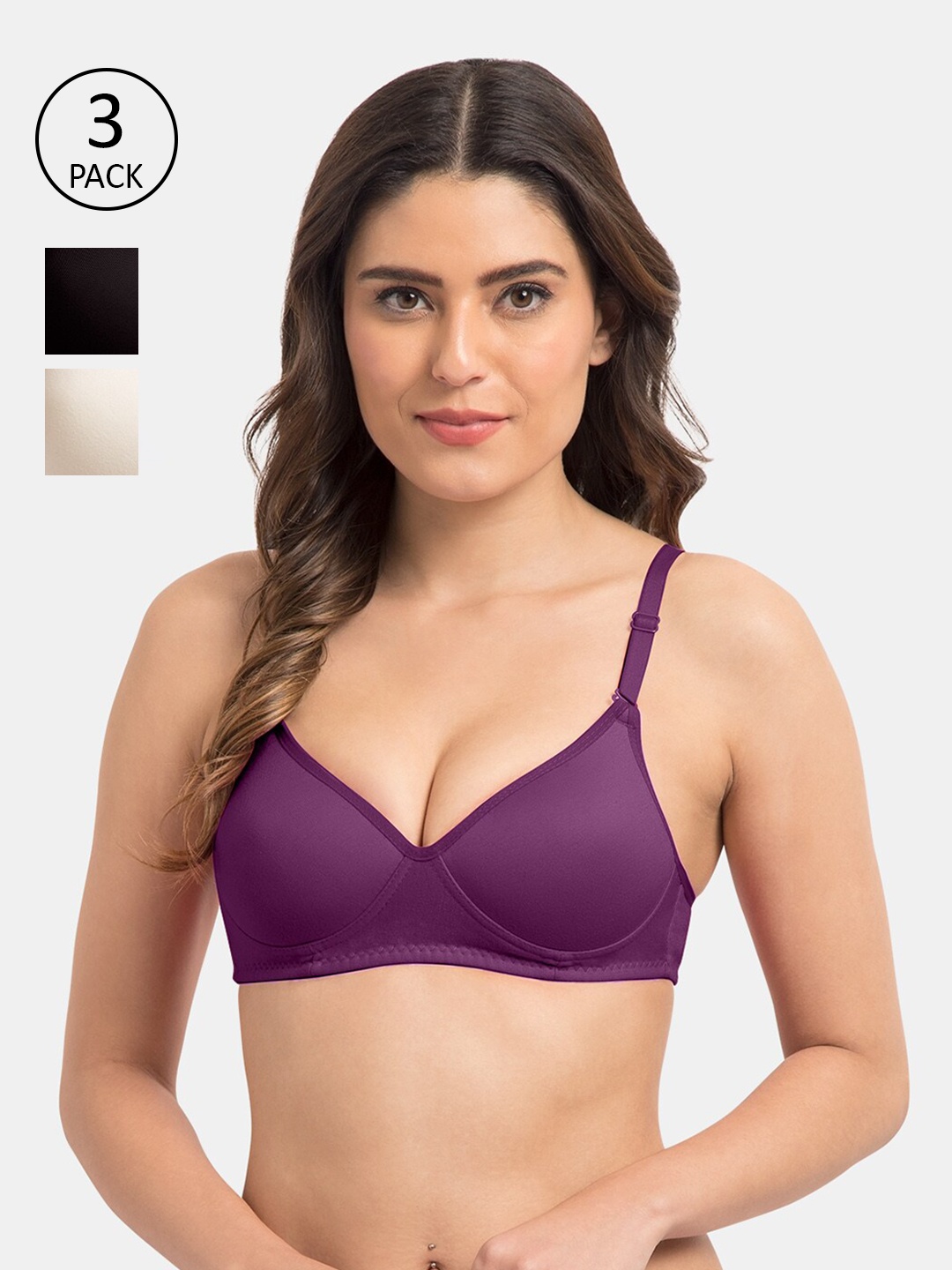 

KOMLI Pack of 3 Purple & Black T-shirt Bras Lightly Padded