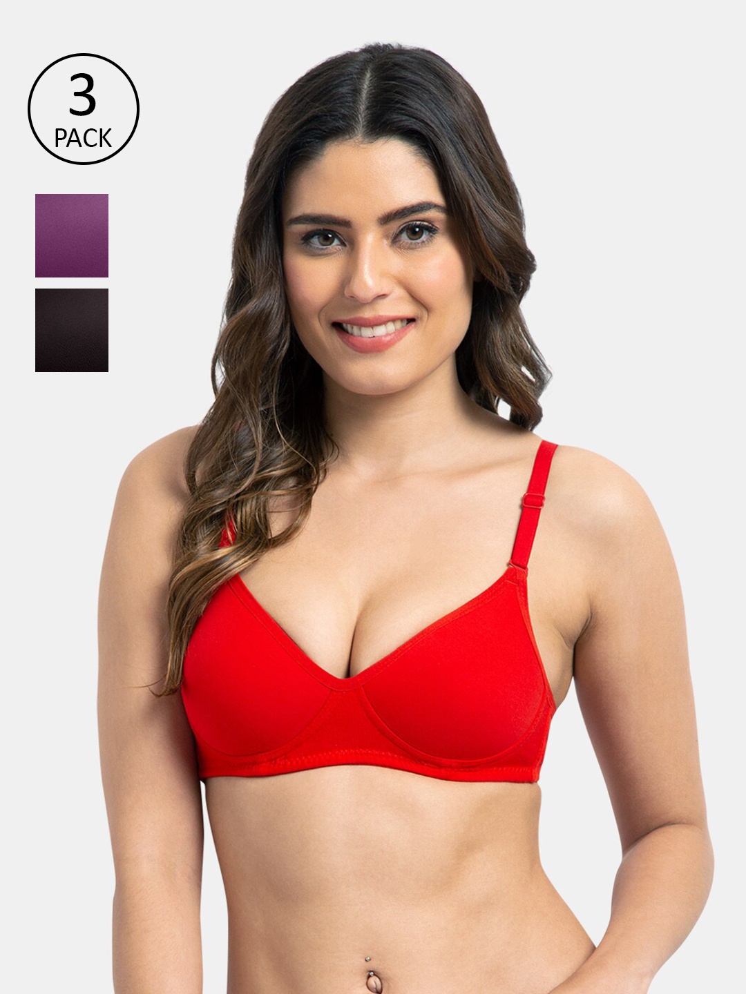 

KOMLI Red & Magenta Pack of 3 T-shirt Bra Lightly Padded K-9555-3PC-RD-MG-BLK