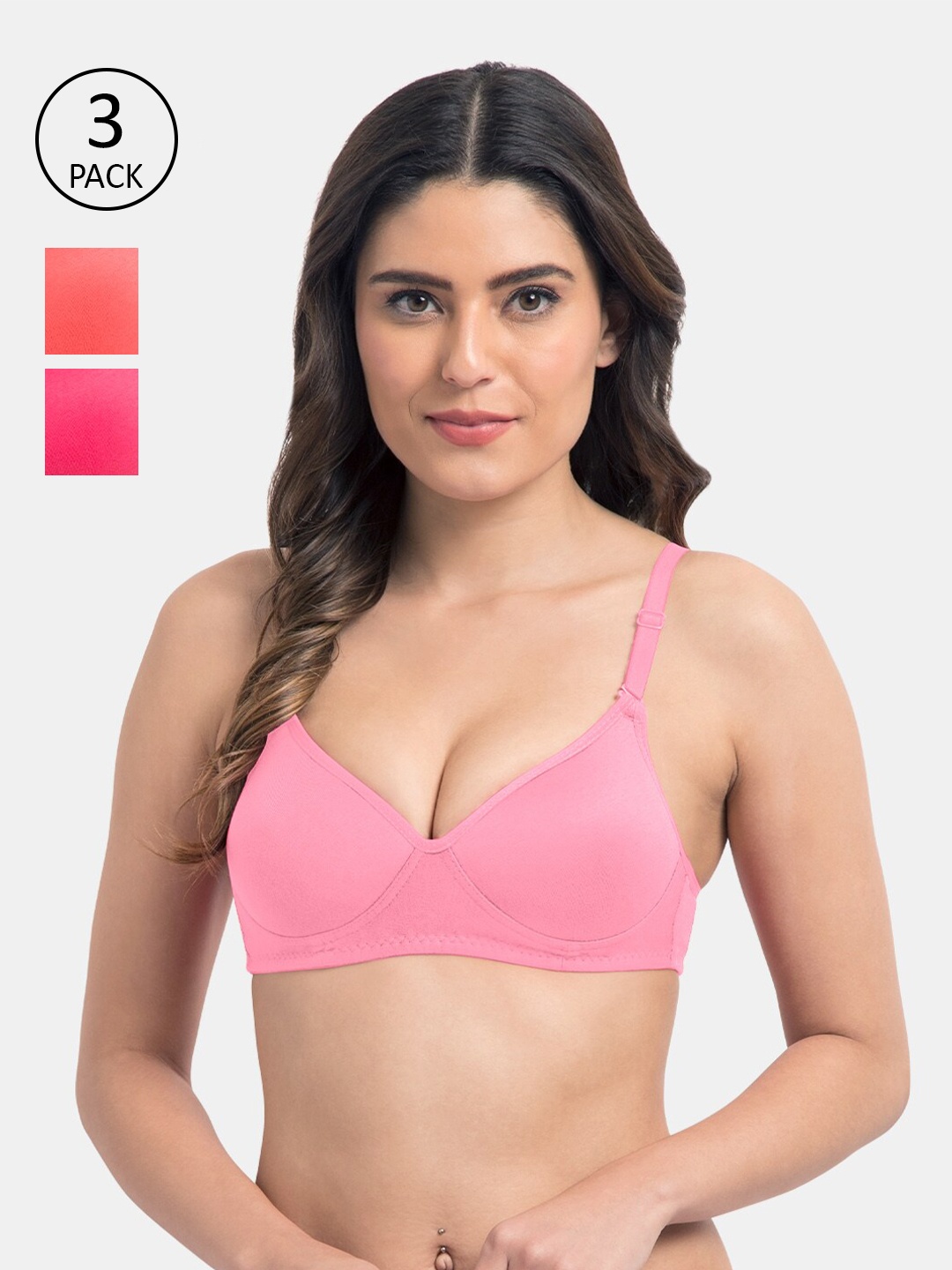 

KOMLI Pack of 3 Pink & Coral T-shirt Bra-Lightly Padded K-9555-3PC-BPK-CRL-DPK