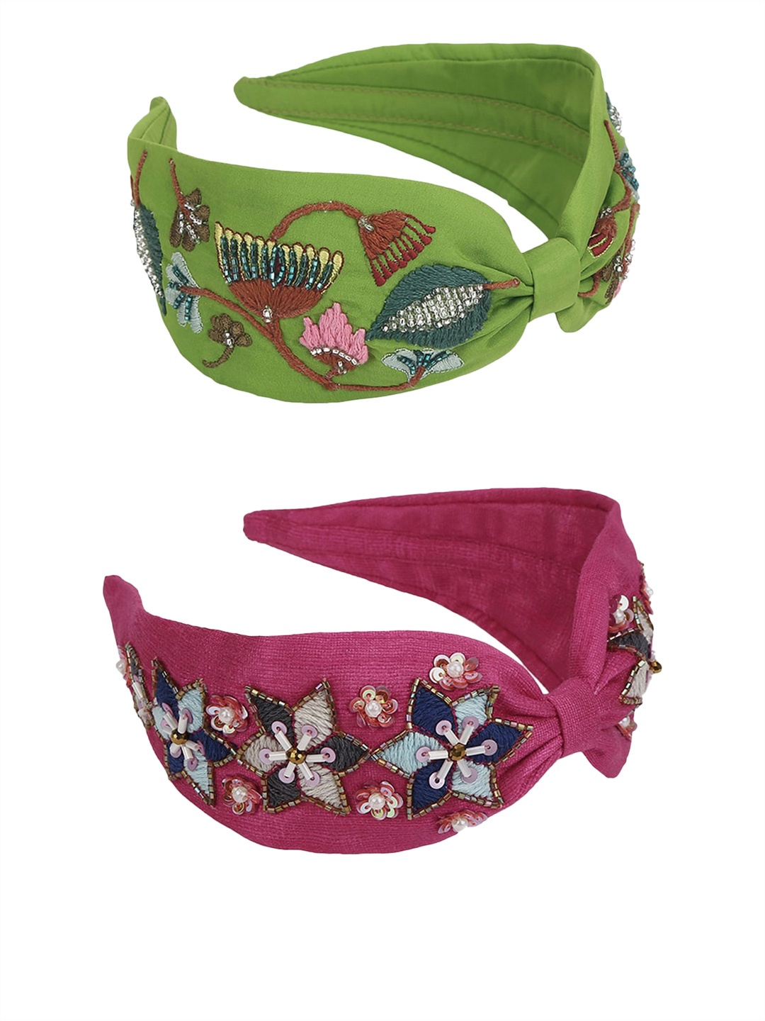

DEEBACO Women Green & Magenta Set of 2 Embellished Hairband