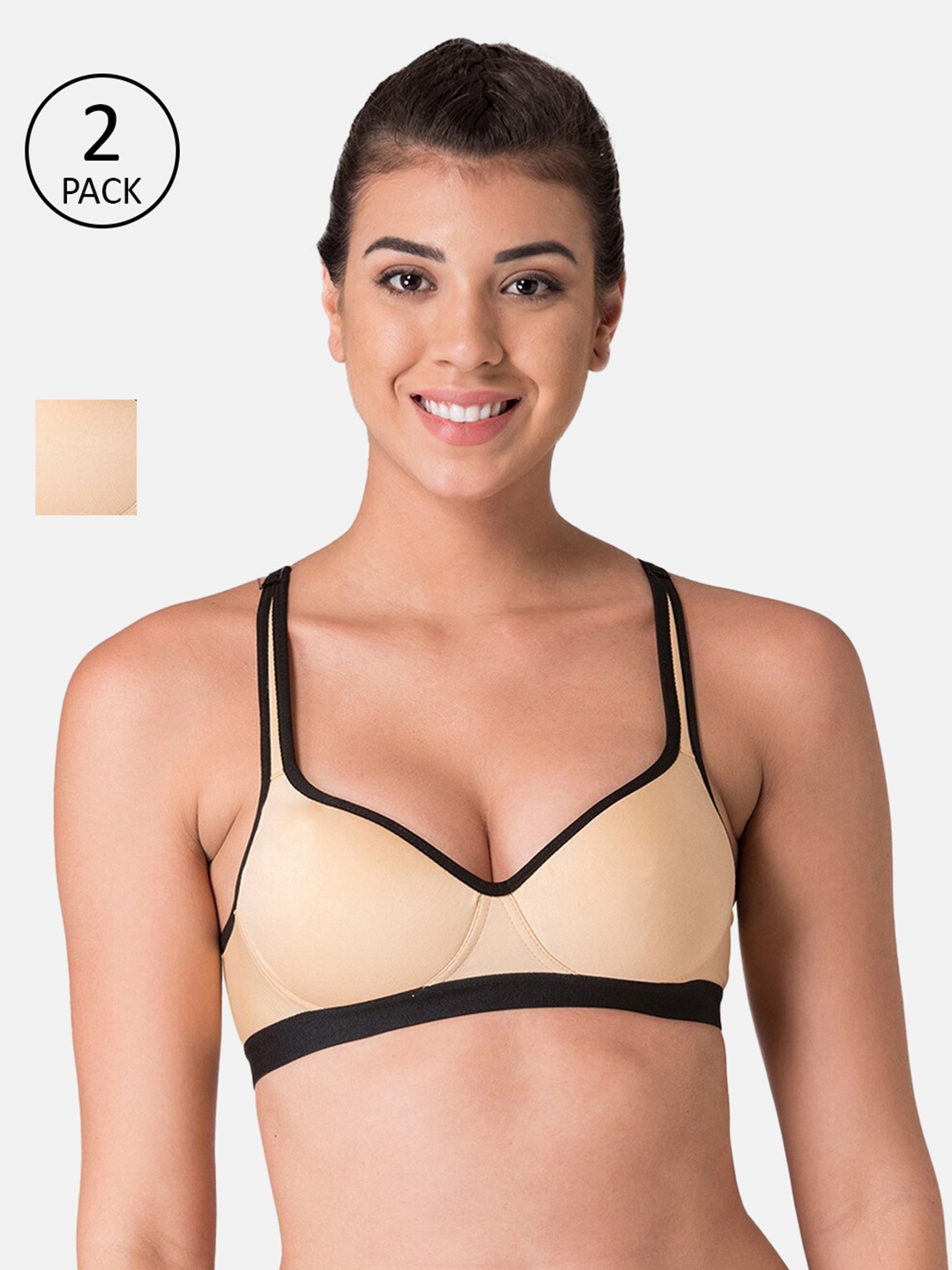

KOMLI Women Pack Of 2 Non Wired Lightly Padded Workout Bra, Beige