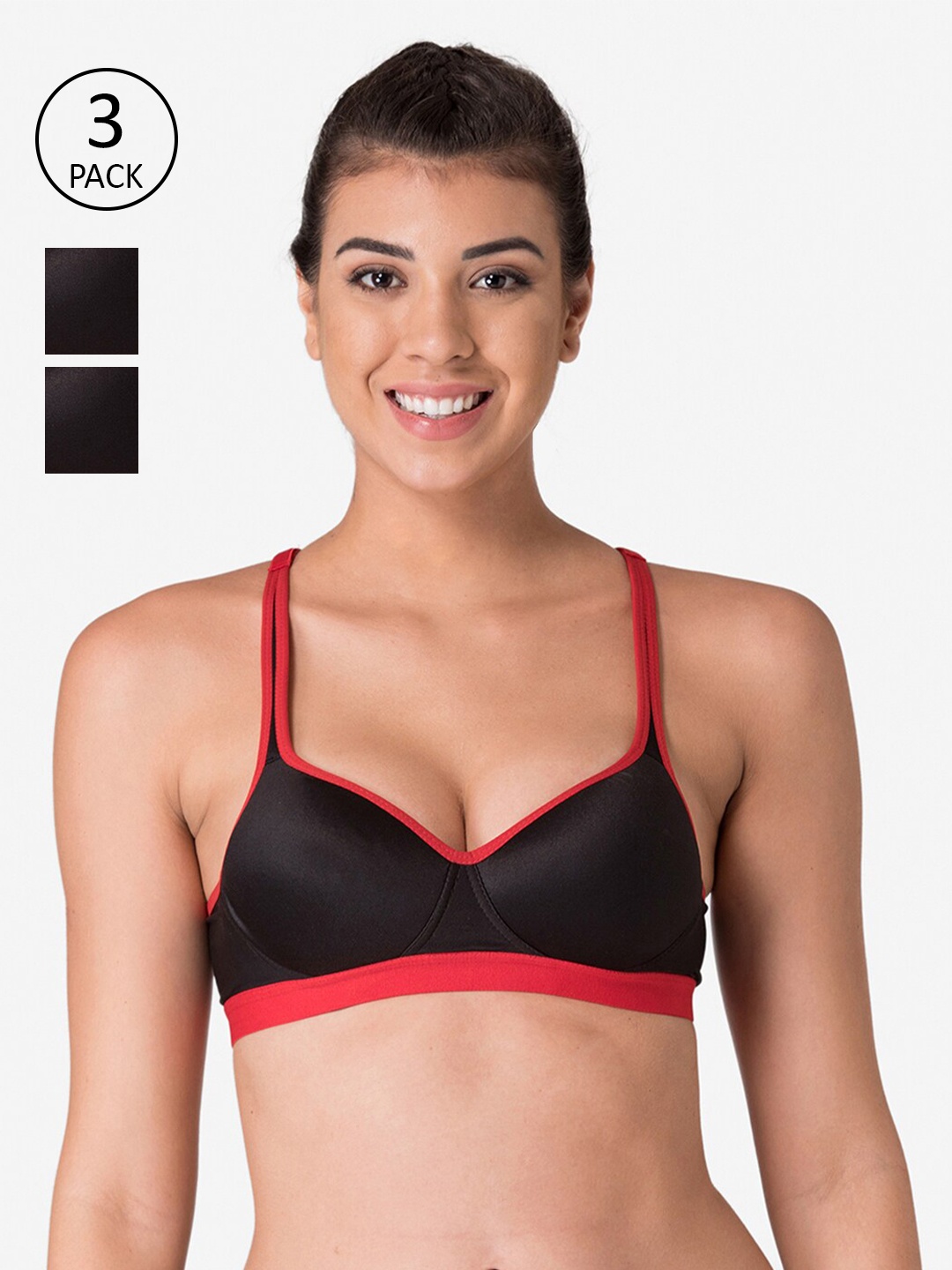 

KOMLI Pack of 3 Black & Red Lightly Padded Workout Bras