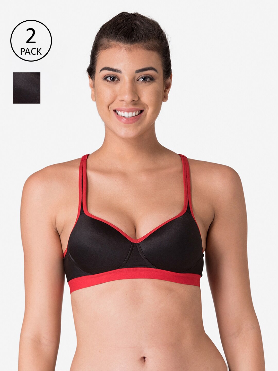 

KOMLI Black & Red Pack of 2 Workout Bra Lightly Padded