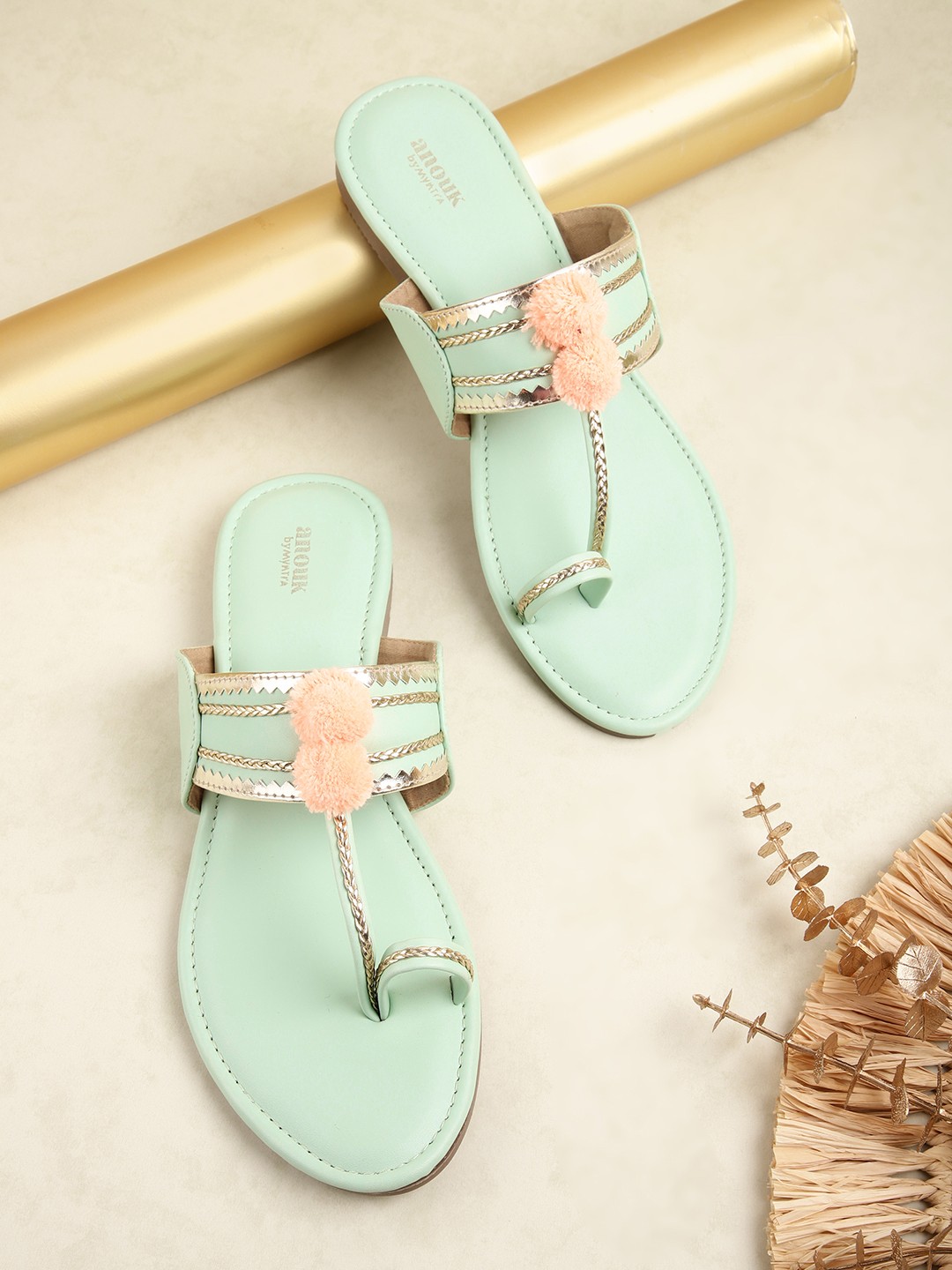 

Anouk Women Mint Green & Gold-Toned Woven Design One Toe Flats