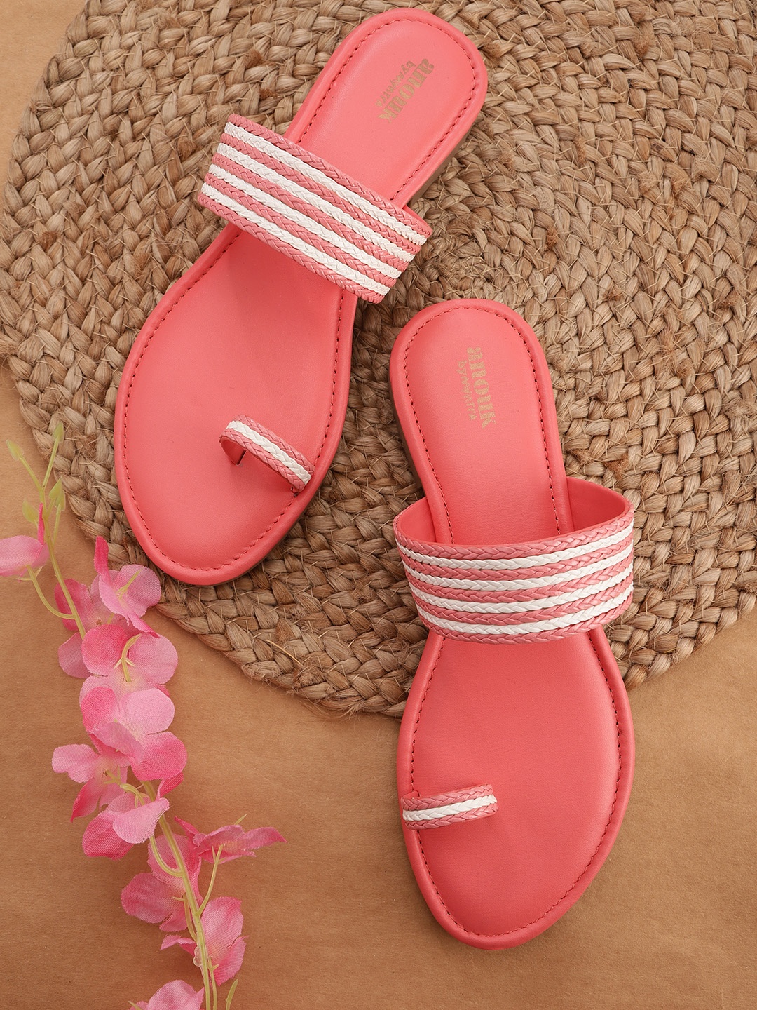 

Anouk Women Coral Pink & White Woven Design One Toe Flats