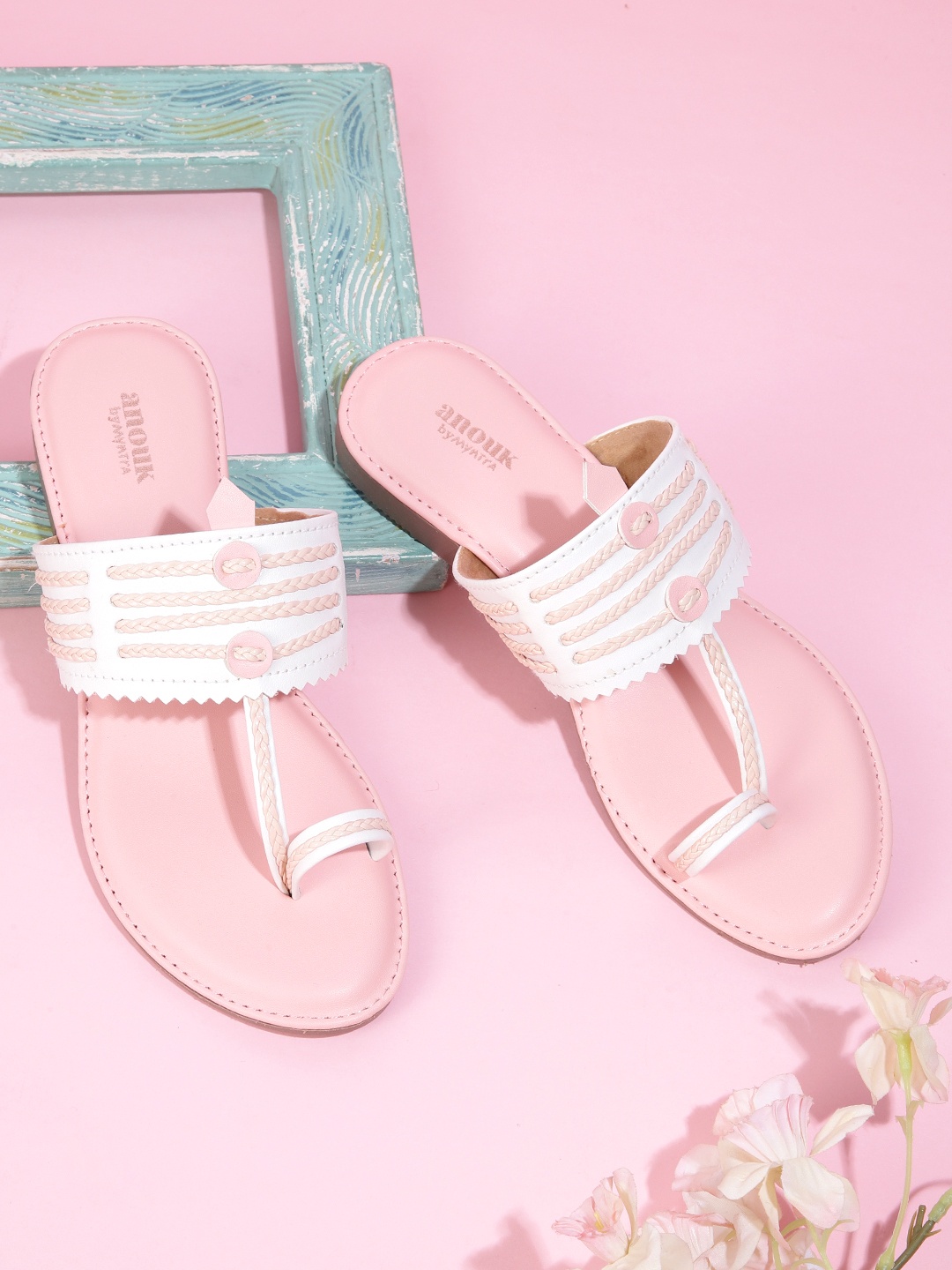

Anouk Women White & Pink Woven Design Handmade One Toe Flats