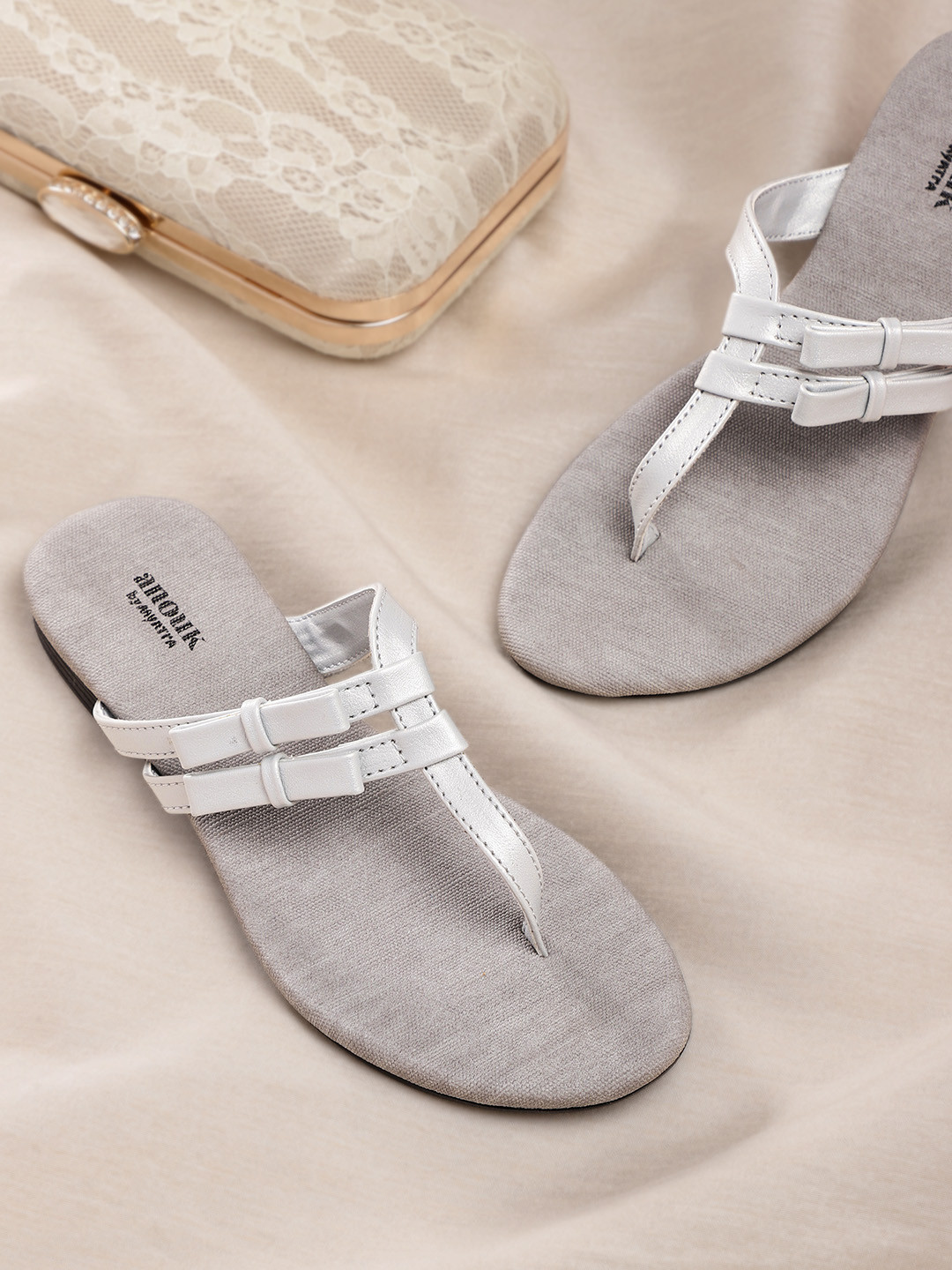 

Anouk Women Grey Solid Open Toe Flats with Bow Detail