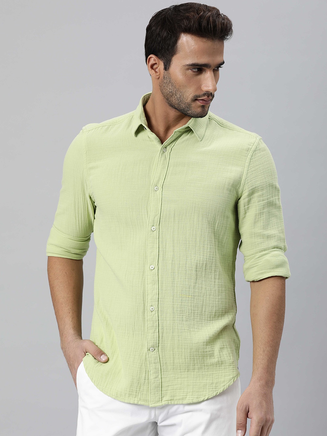 

RARE RABBIT Men Green Slim Fit Opaque Cotton Casual Shirt